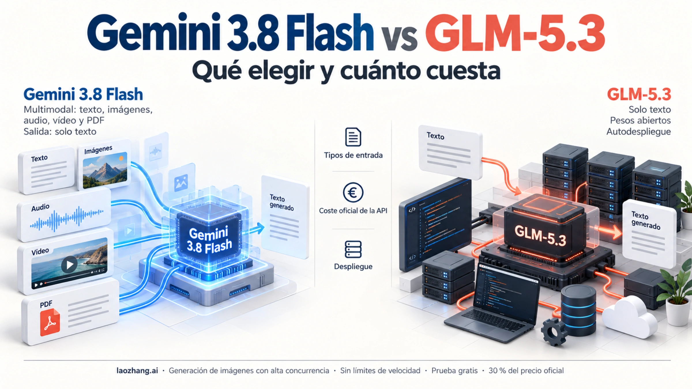 Comparación visual de las entradas multimedia de Gemini 3.8 Flash y el entorno de texto y servidores de GLM-5.3