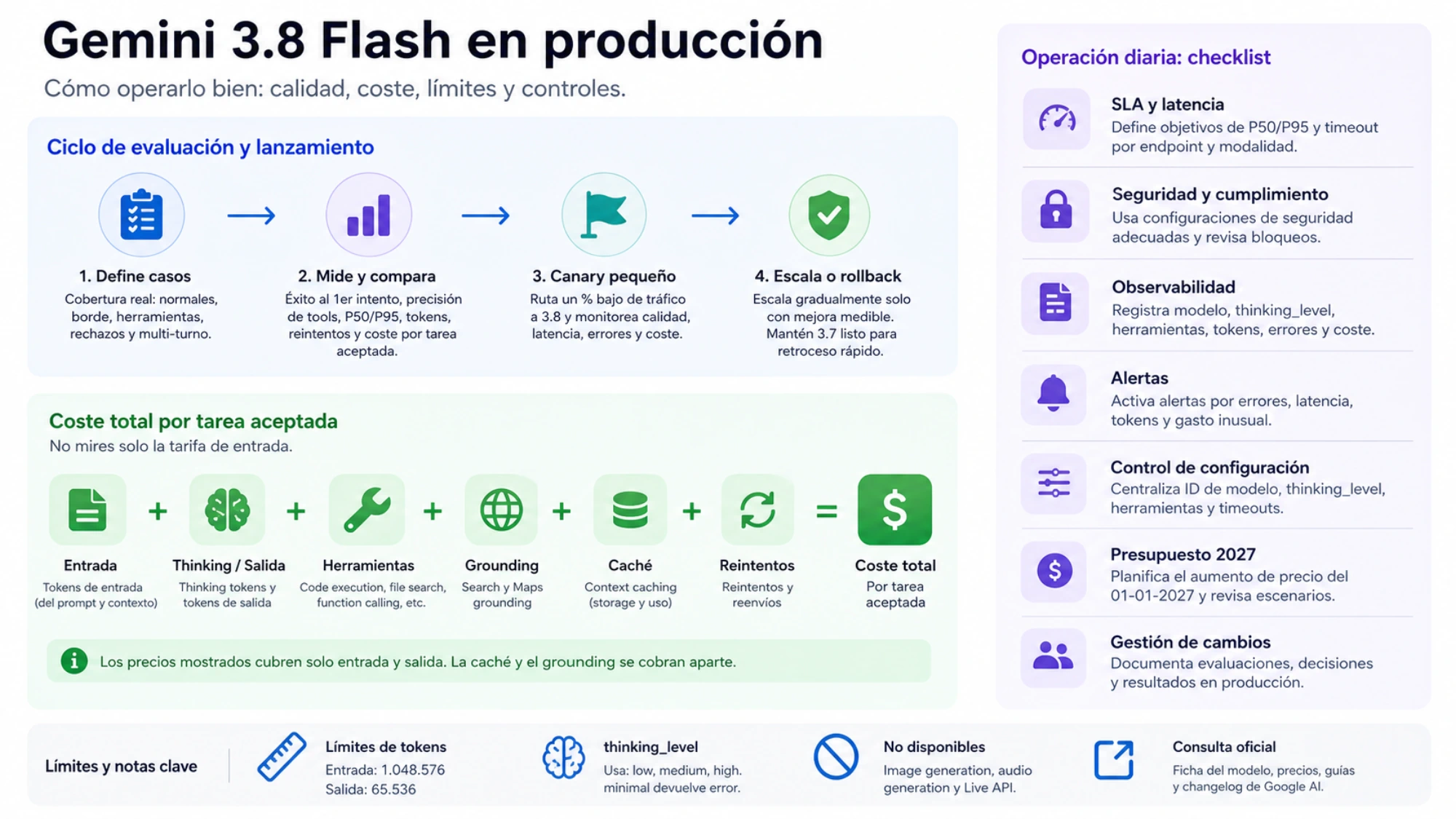 Operación de Gemini 3.8 Flash en producción con ciclo de evaluación, coste por tarea aceptada, observabilidad, alertas, configuración y presupuesto 2027