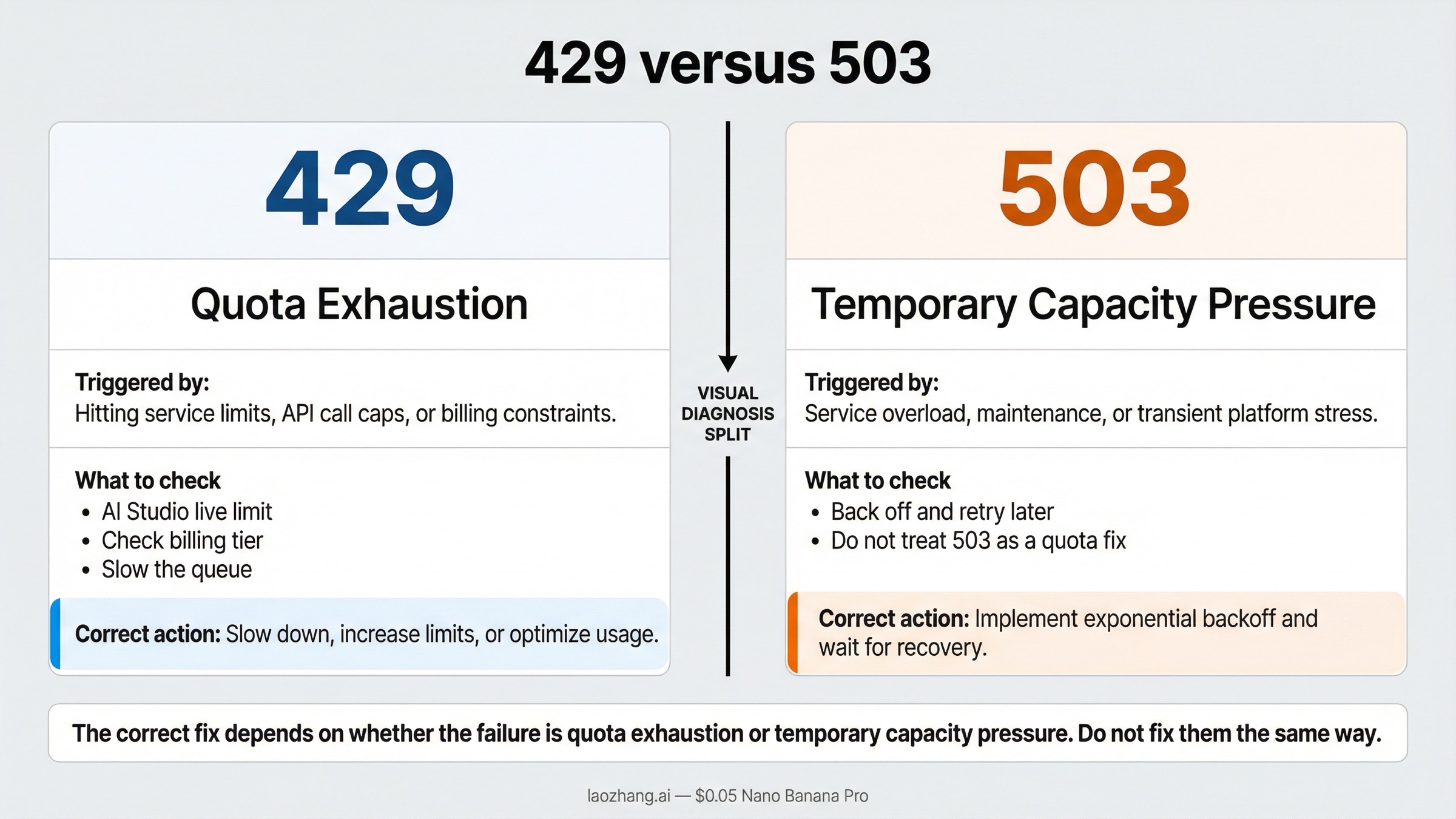 Tablero de diagnóstico en dos columnas que muestra 429 como agotamiento de cuota con chequeo de AI Studio y billing, y 503 como sobrecarga temporal que requiere backoff y retry.