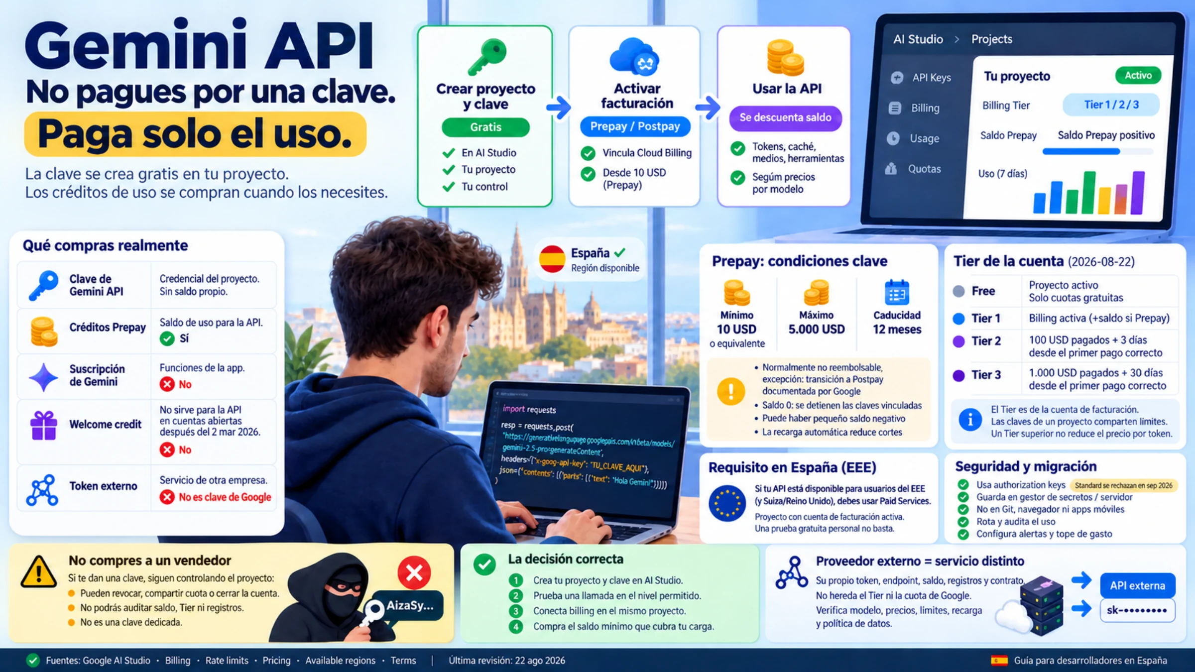 Compra segura de Gemini API en España: clave gratuita, Prepay, Tier, requisito EEE, seguridad y proveedores externos
