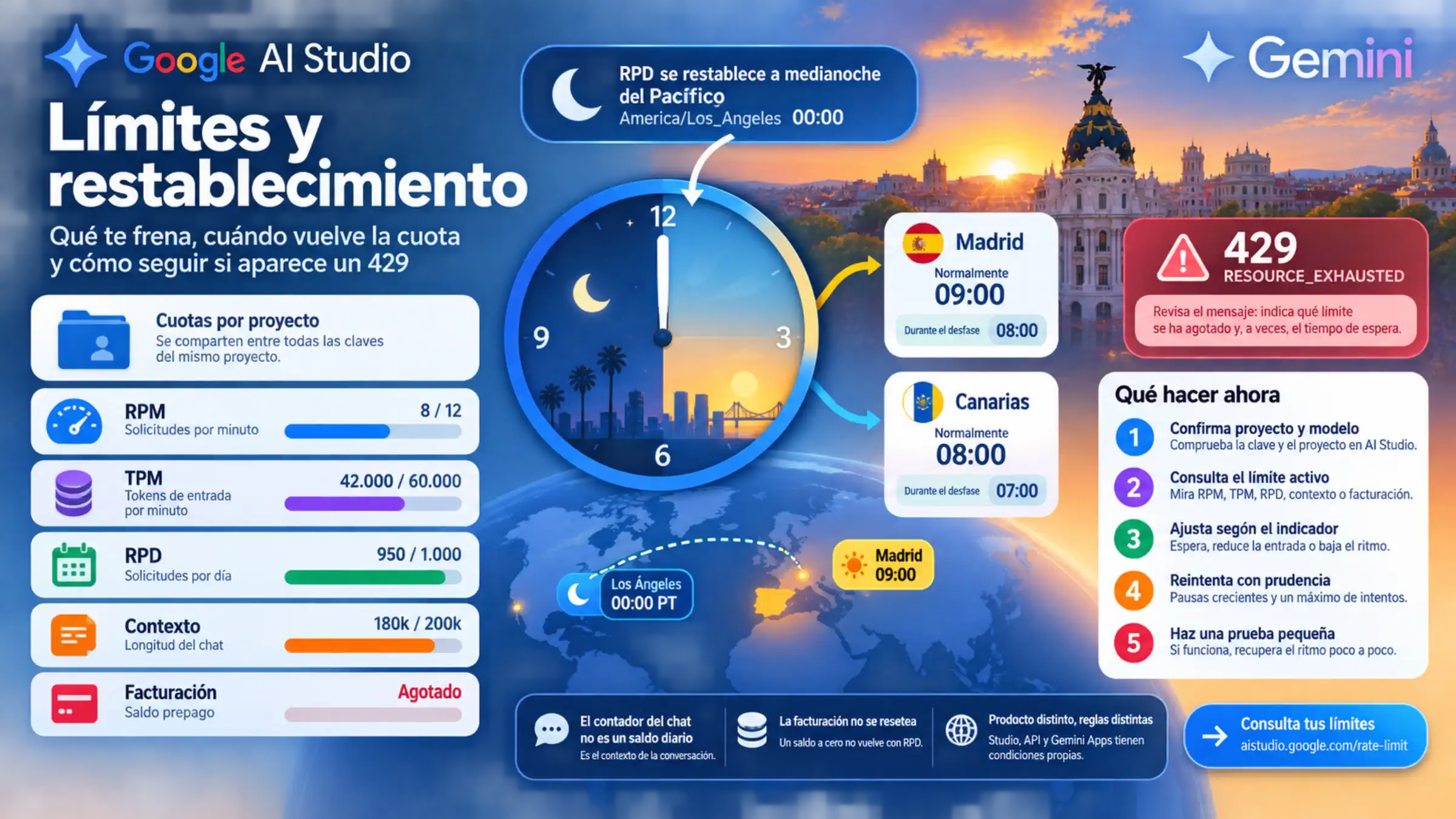 Portada sobre los límites y el restablecimiento de cuotas en Google AI Studio y la API de Gemini