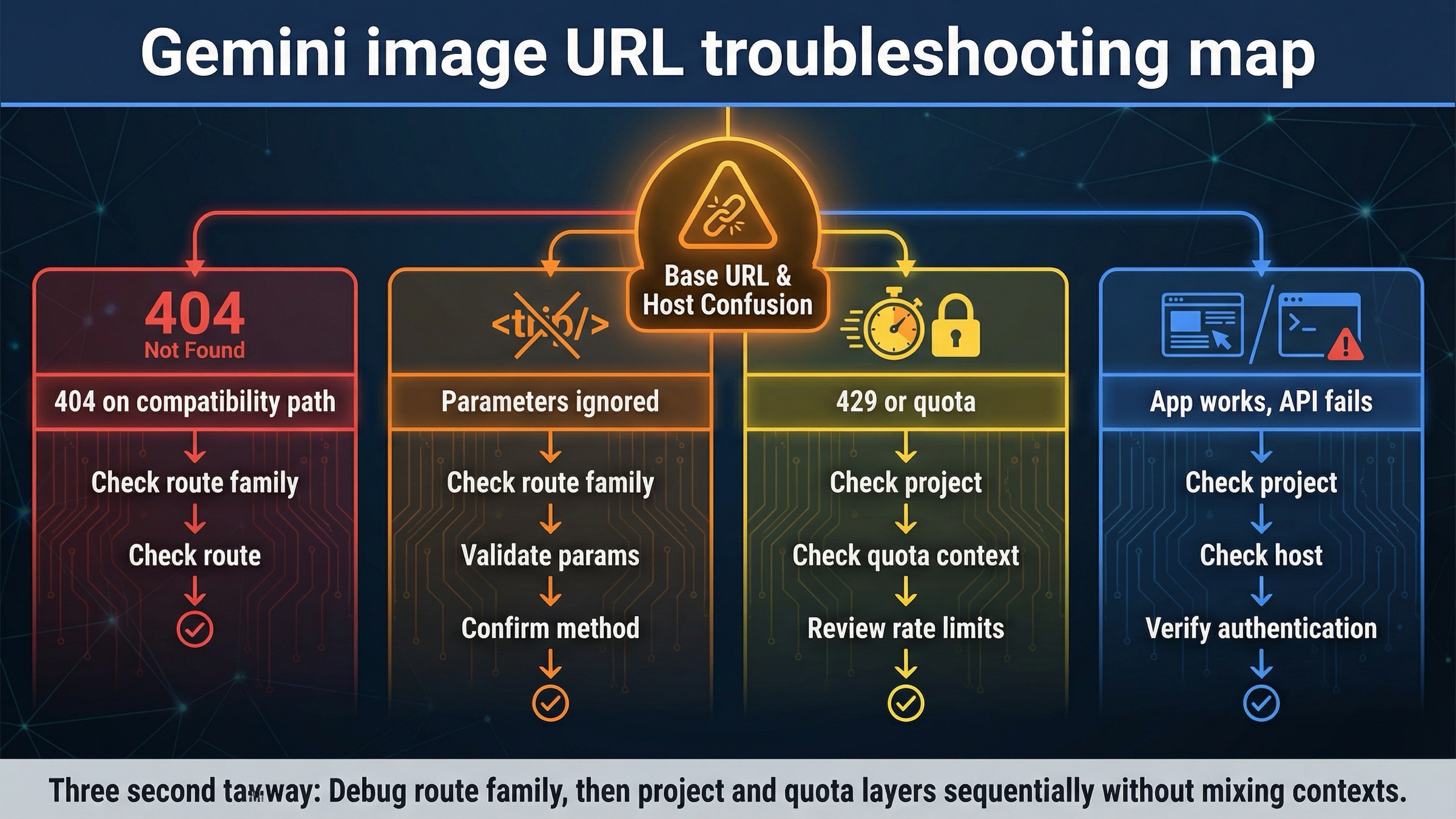 Troubleshooting map for Gemini image generation URL errors, showing the split between wrong host, unsupported compatibility behavior, model choice, and quota-project issues.