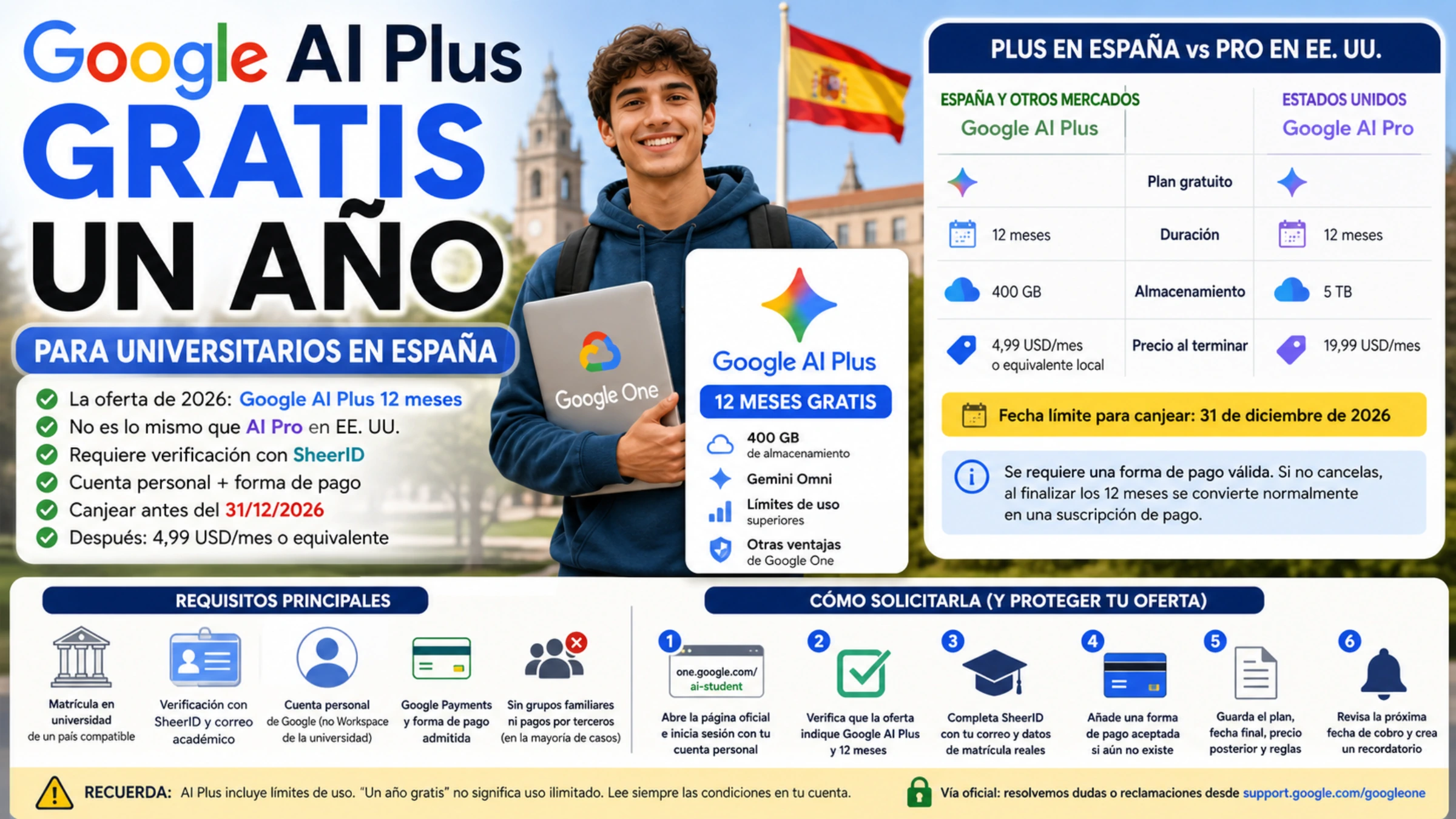 Universitario en España junto a una guía de Google AI Plus gratis 12 meses con comparación frente a Pro, requisitos y renovación
