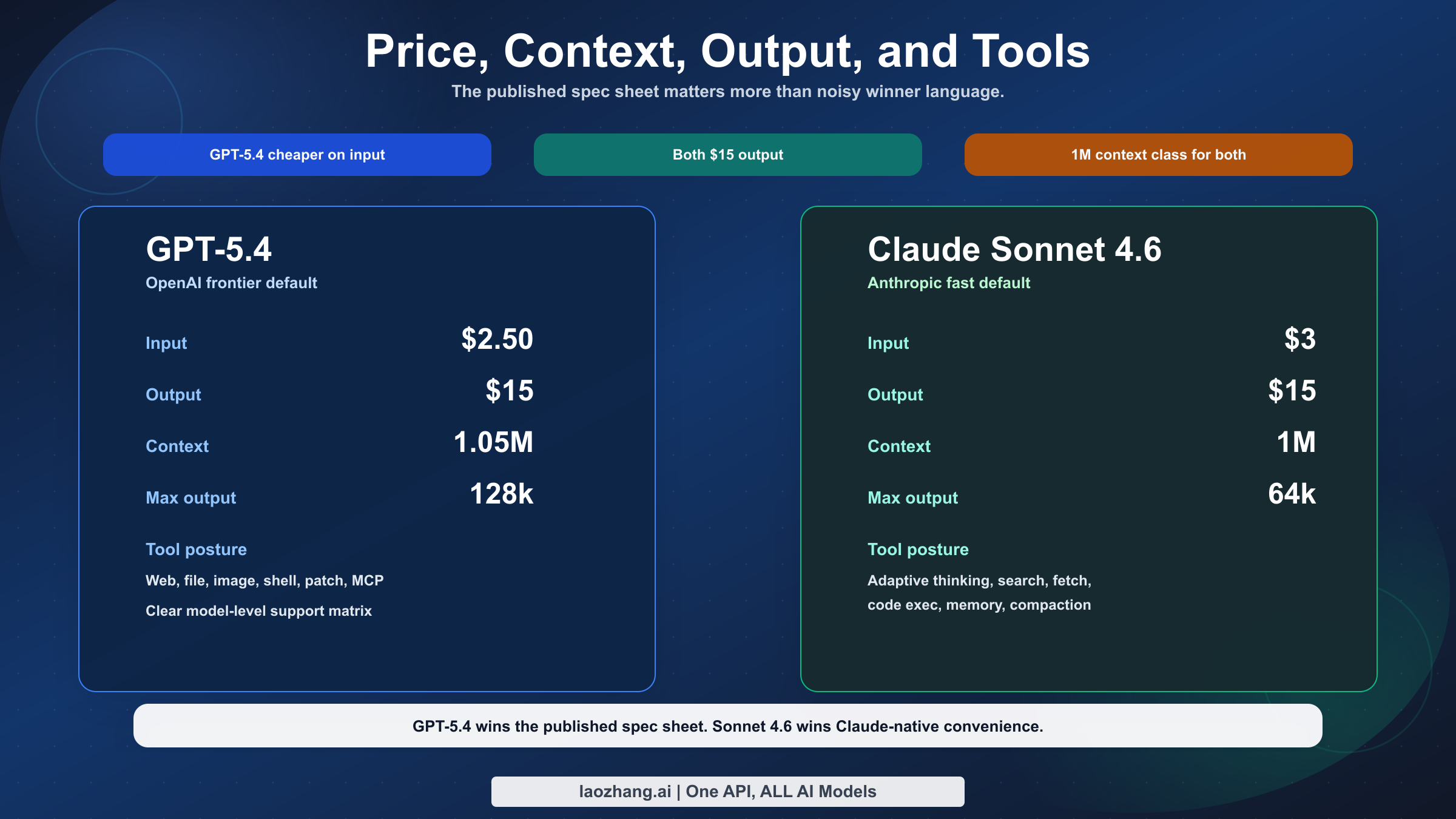 Comparativa visual entre GPT-5.4 y Claude Sonnet 4.6 en precio, contexto, output y herramientas