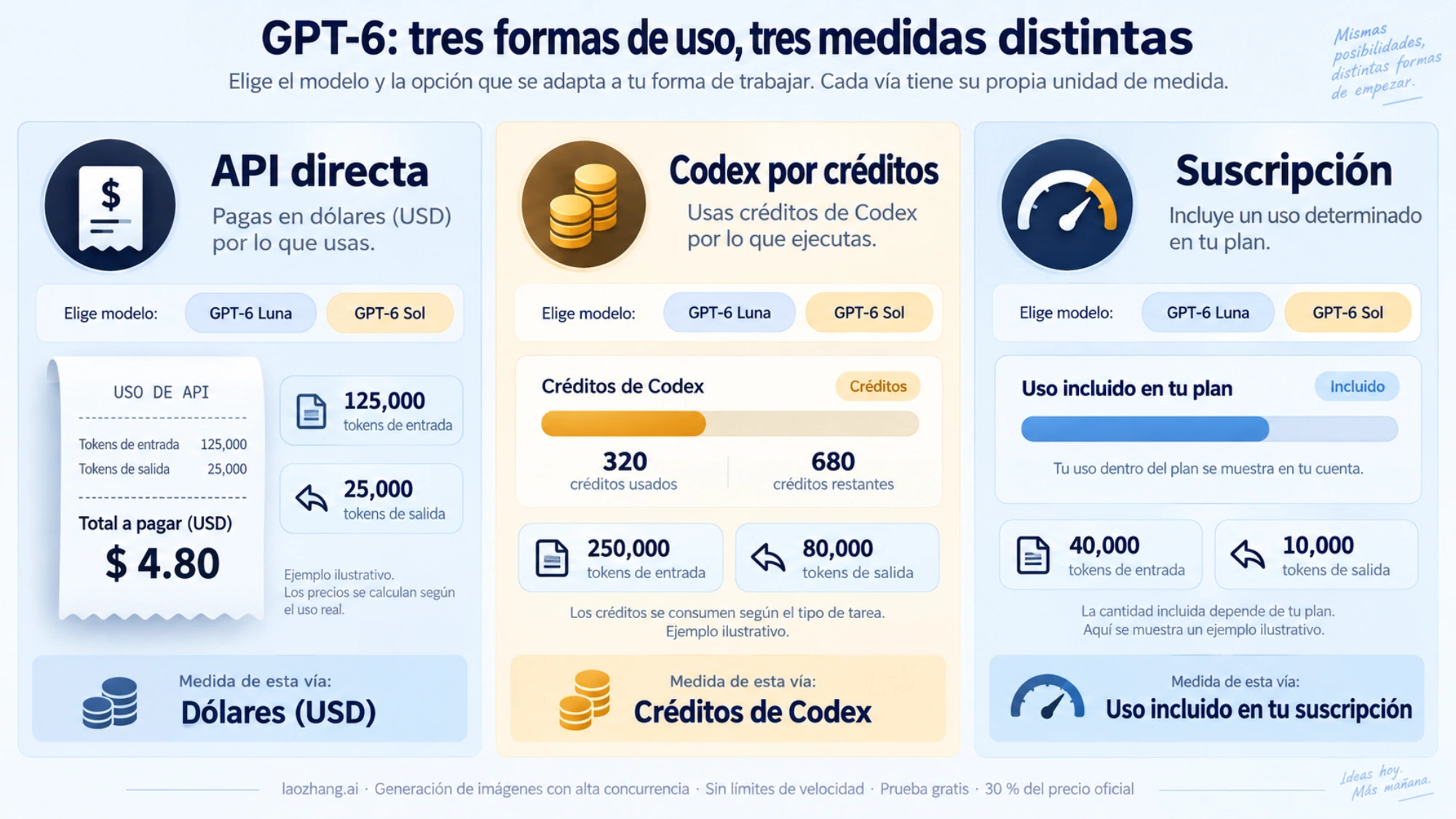 Tres vías de uso separadas: API directa en dólares, Codex por créditos y uso incluido en una suscripción