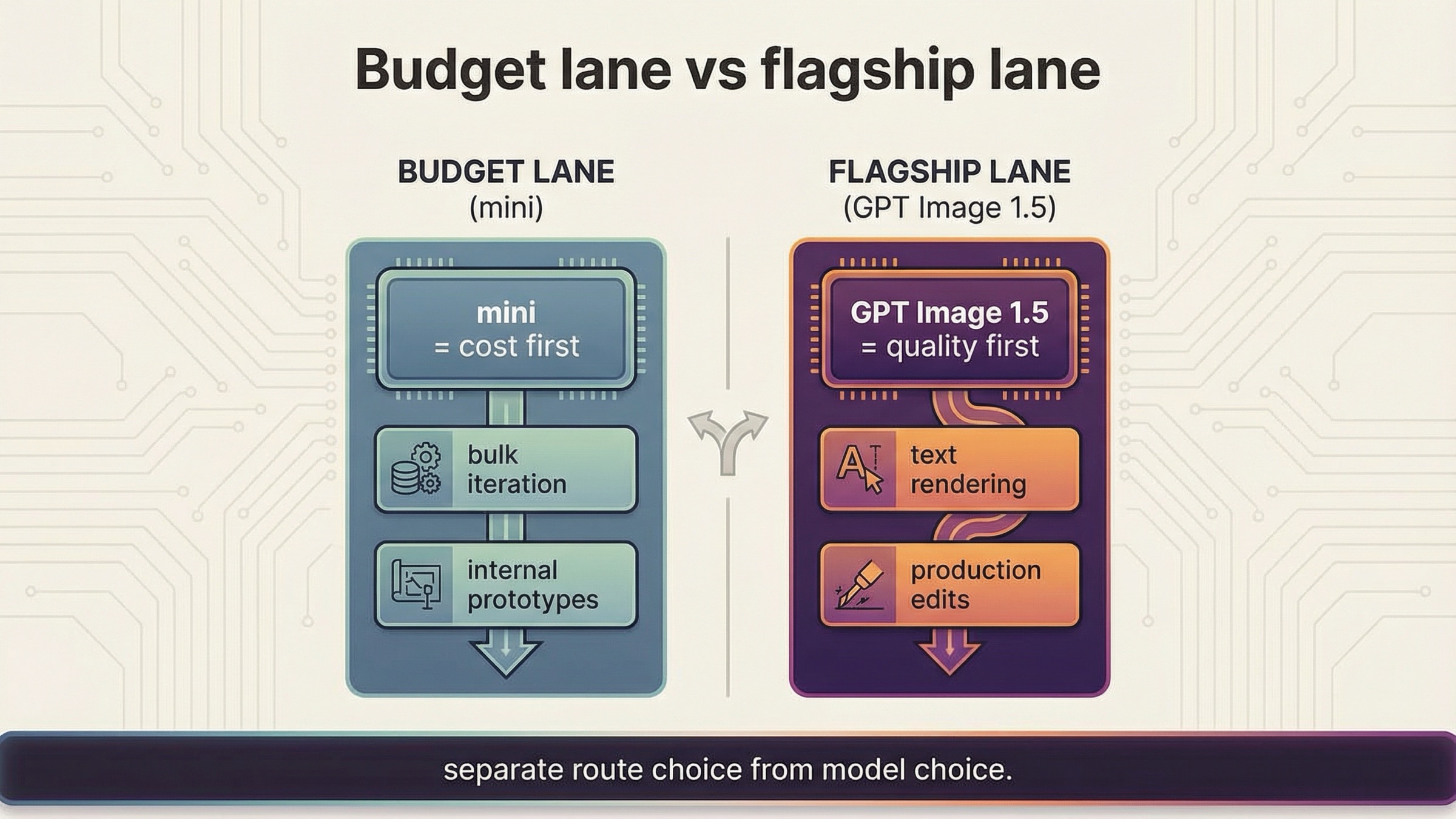 Routing board que separa el uso de gpt-image-1-mini como ruta cost-first y GPT Image 1.5 como ruta quality-first.
