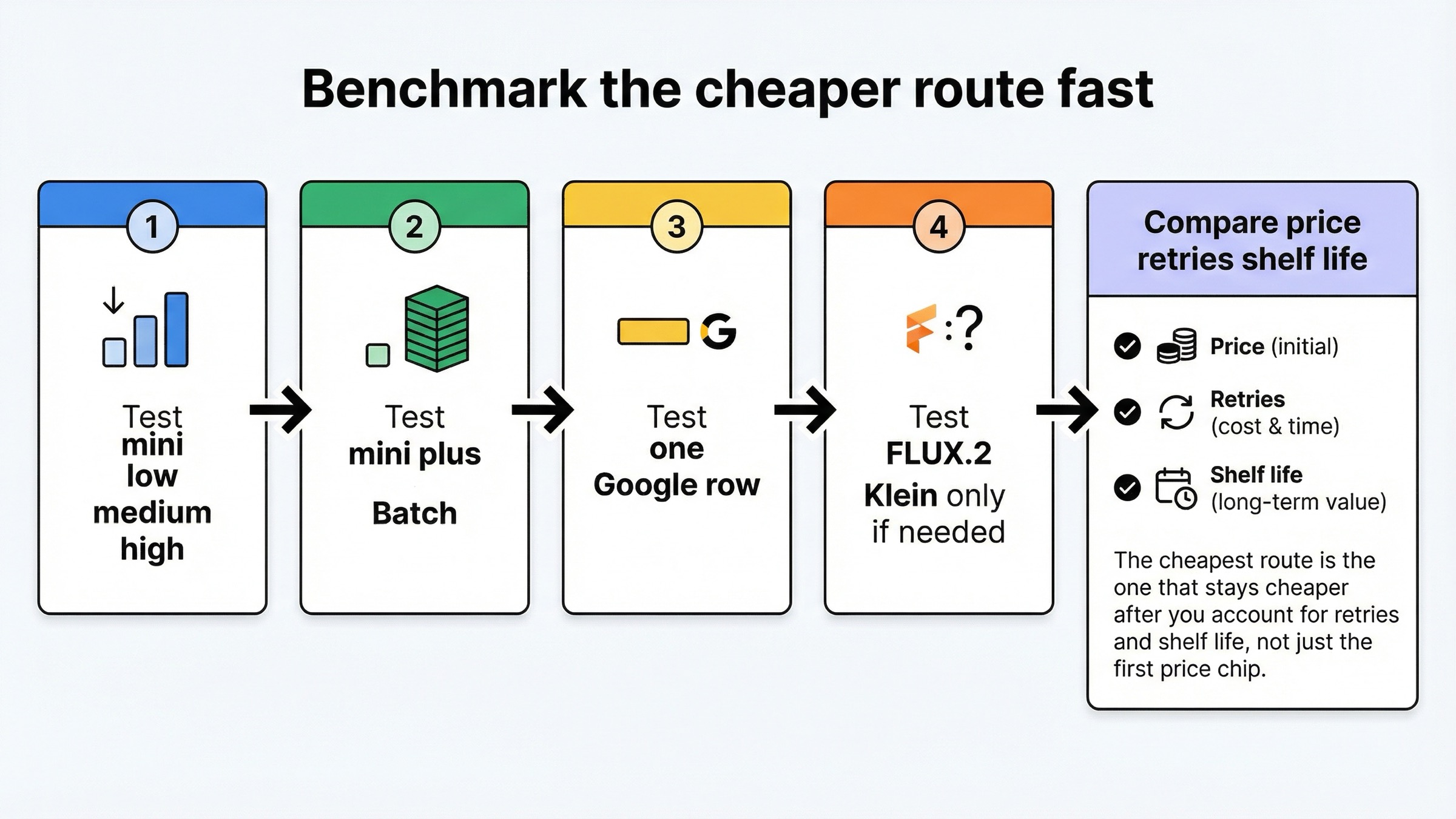 Panel de benchmark que muestra el orden de prueba: mini low, medium y high, luego mini con Batch, después una route de Google y FLUX.2 Klein solo si hace falta, para terminar comparando precio, retries y vida útil