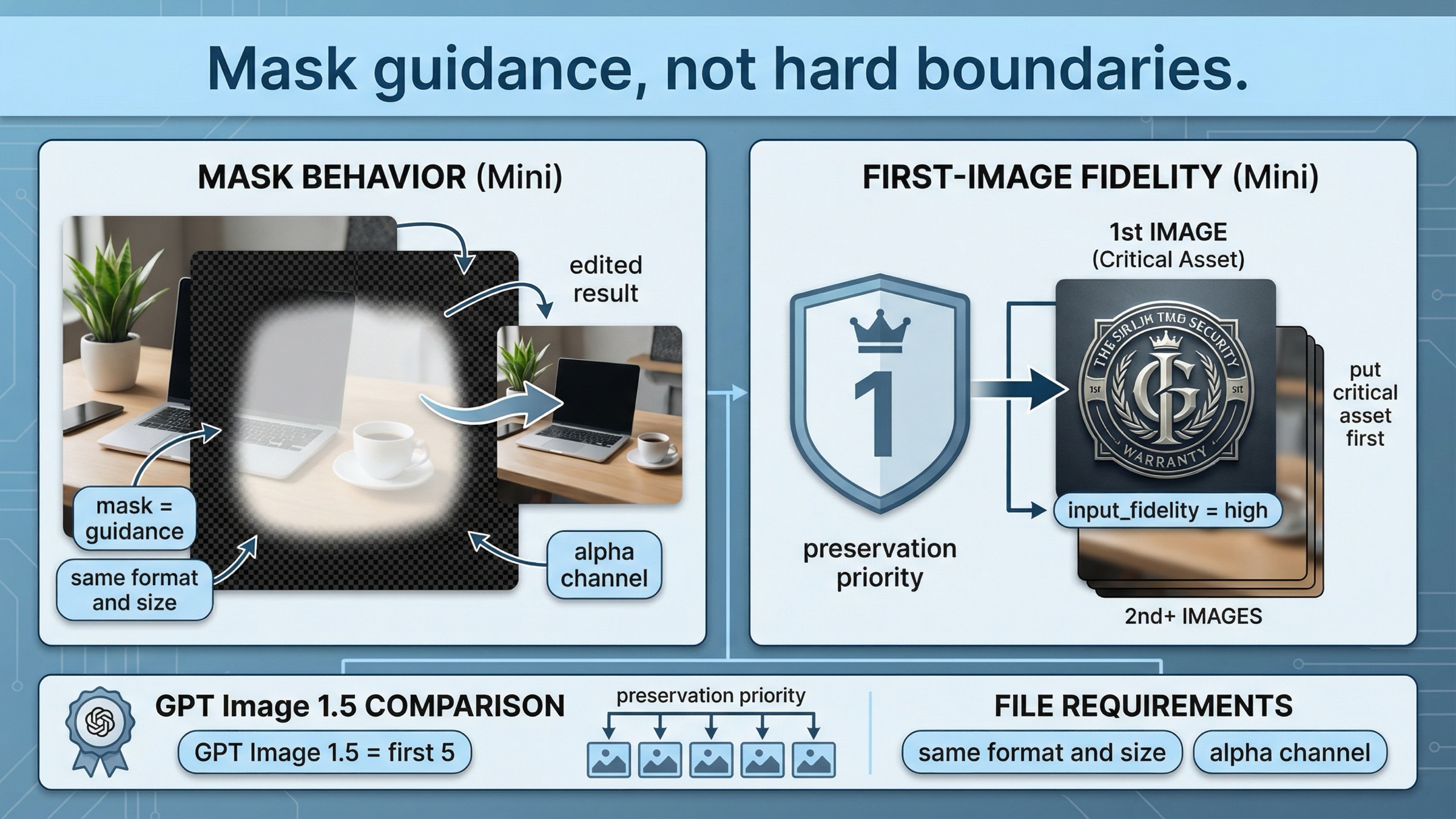 Gráfico que explica que mask guía la edición en lugar de fijar un borde rígido, y que GPT Image 1 Mini preserva mejor la primera imagen de entrada