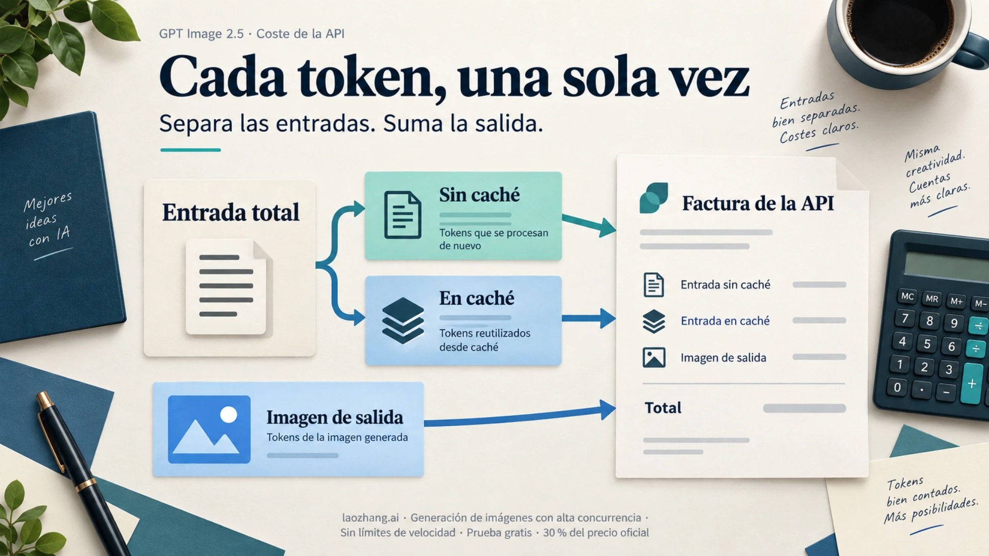 Esquema de entradas con y sin caché y de la imagen de salida junto a una factura de la API