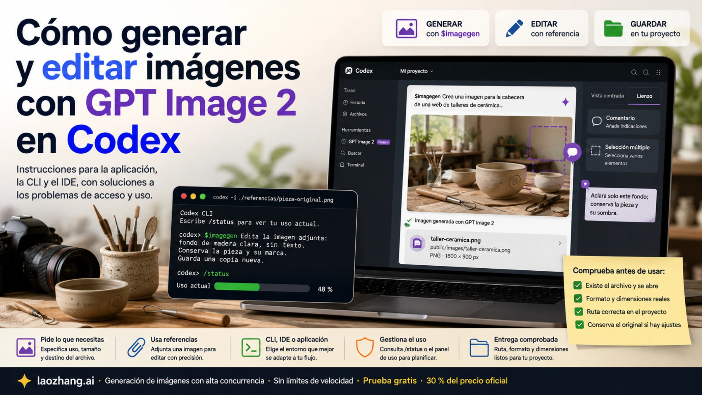 Ilustración de Codex con una imagen generada, una terminal y la entrega del archivo en un proyecto.