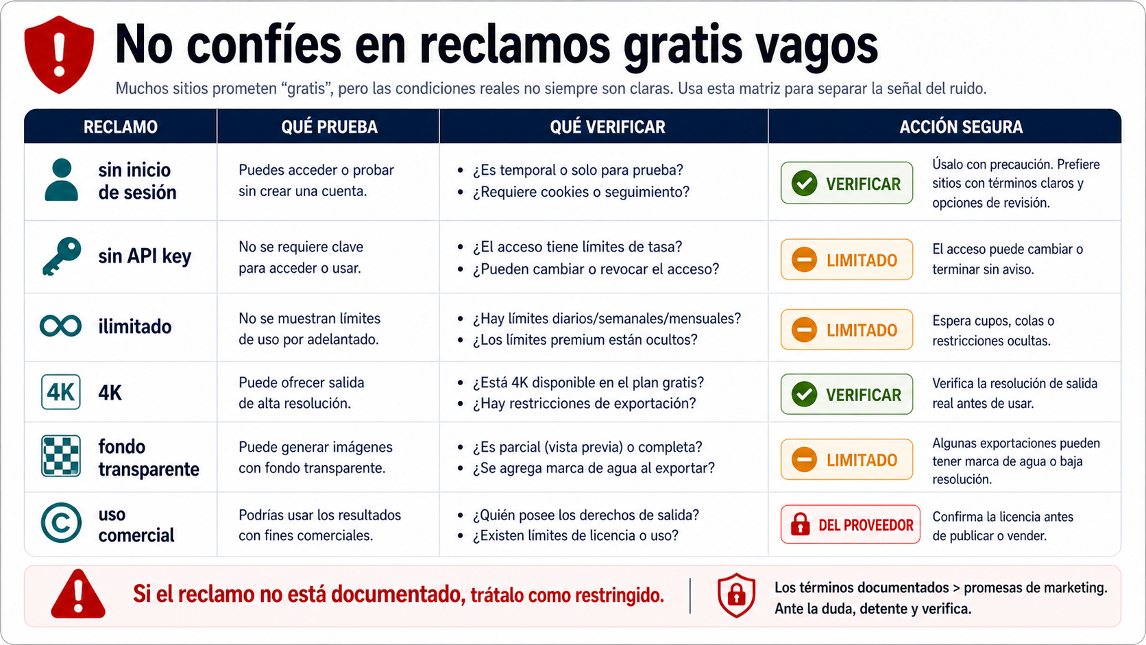 Matriz para verificar promesas de no-login, no-key, ilimitado, 4K, fondo transparente y uso comercial