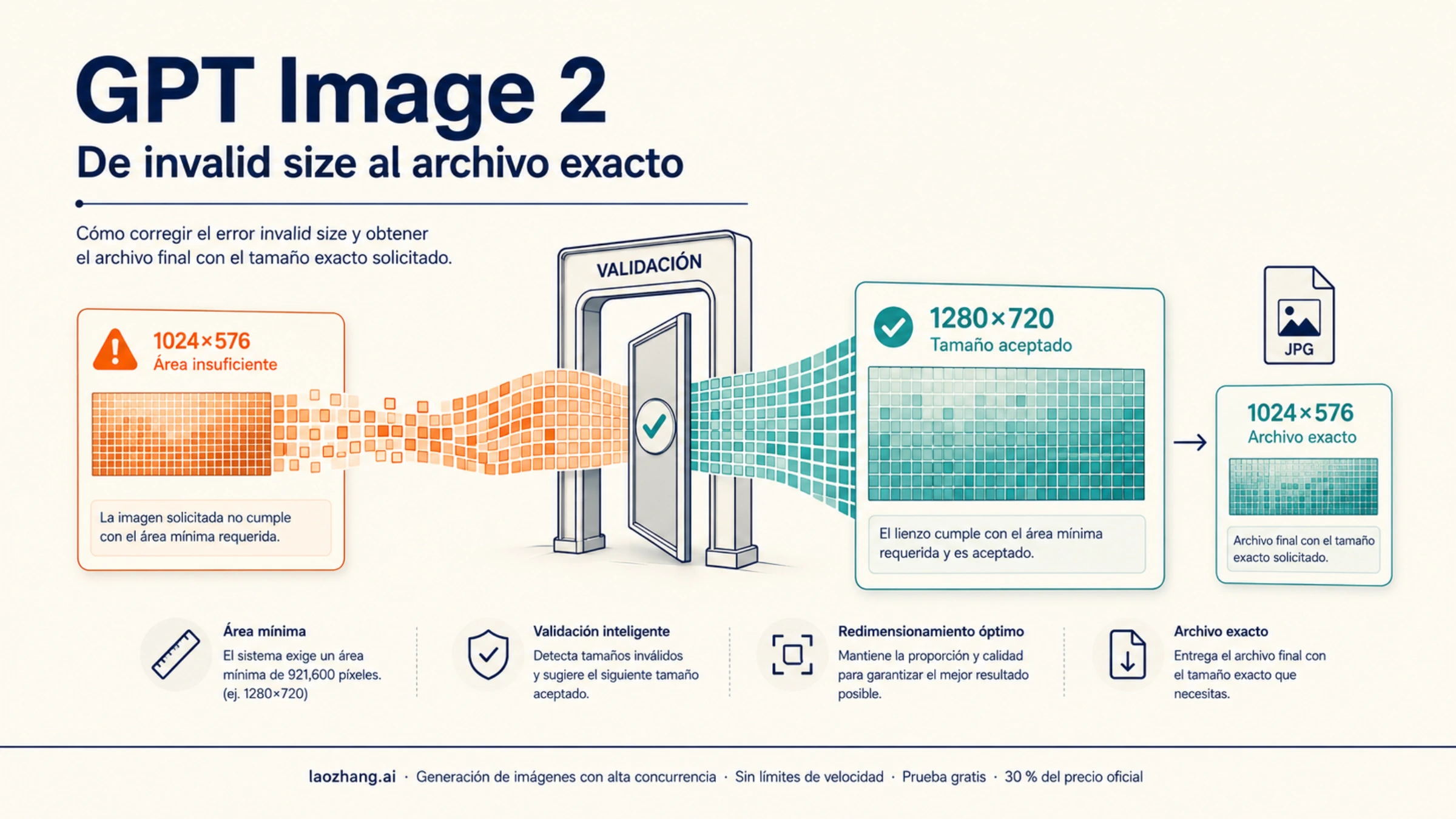 Ilustración del paso de un tamaño rechazado por GPT Image 2 a una imagen válida y un archivo final reducido