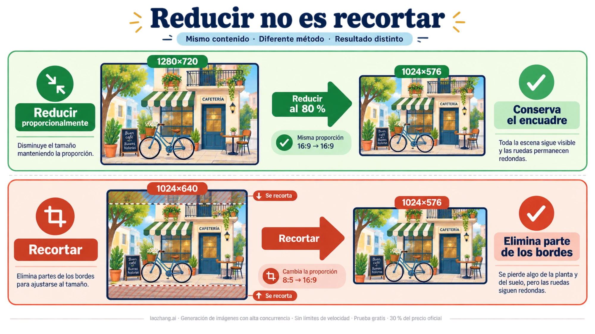 Una escena de cafetería y bicicleta ilustra la diferencia entre reducir proporcionalmente y recortar los bordes