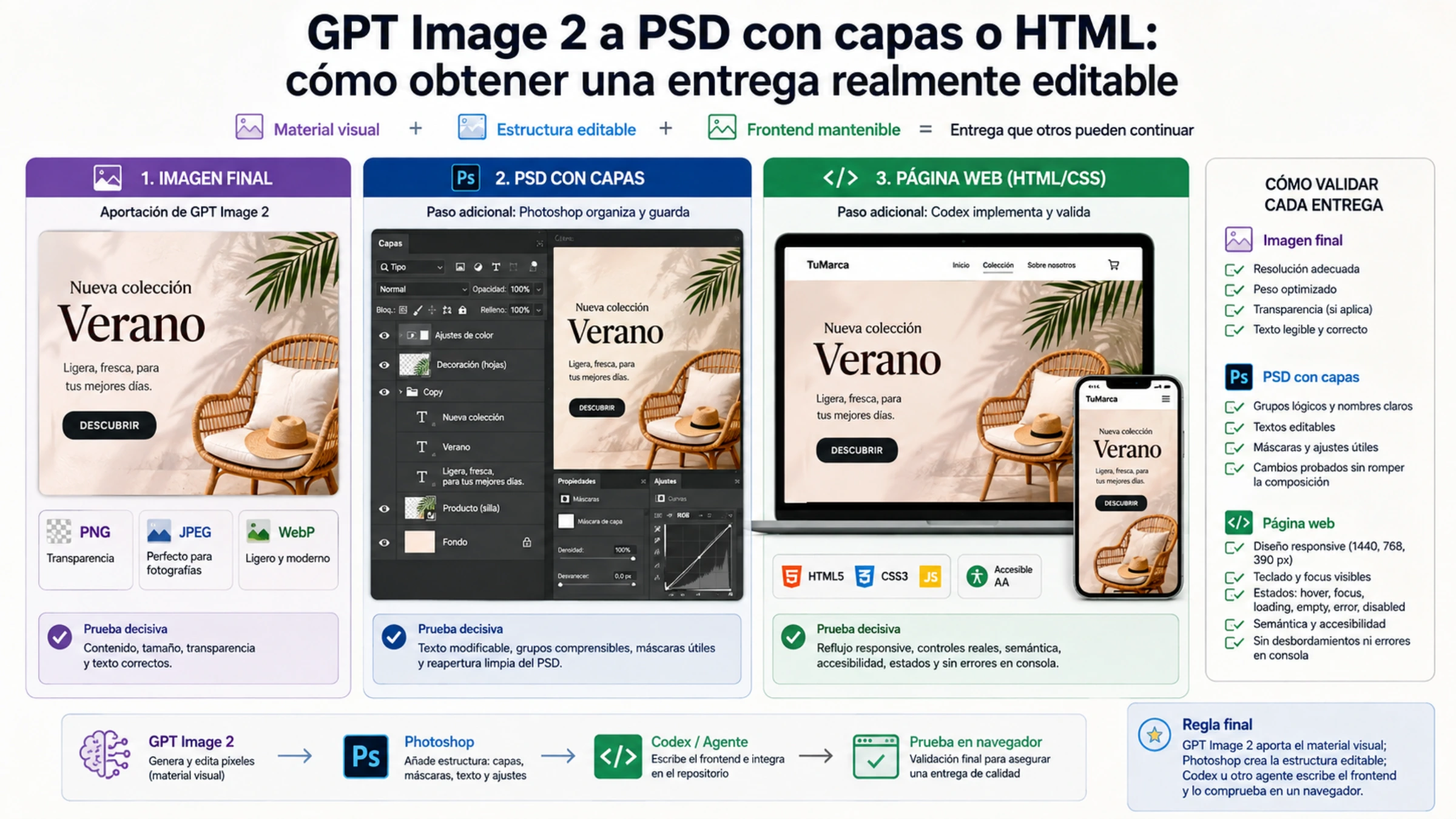 Comparación en español de una imagen final, un PSD con capas organizado en Photoshop y una página HTML/CSS implementada por Codex, con pruebas para cada entrega.
