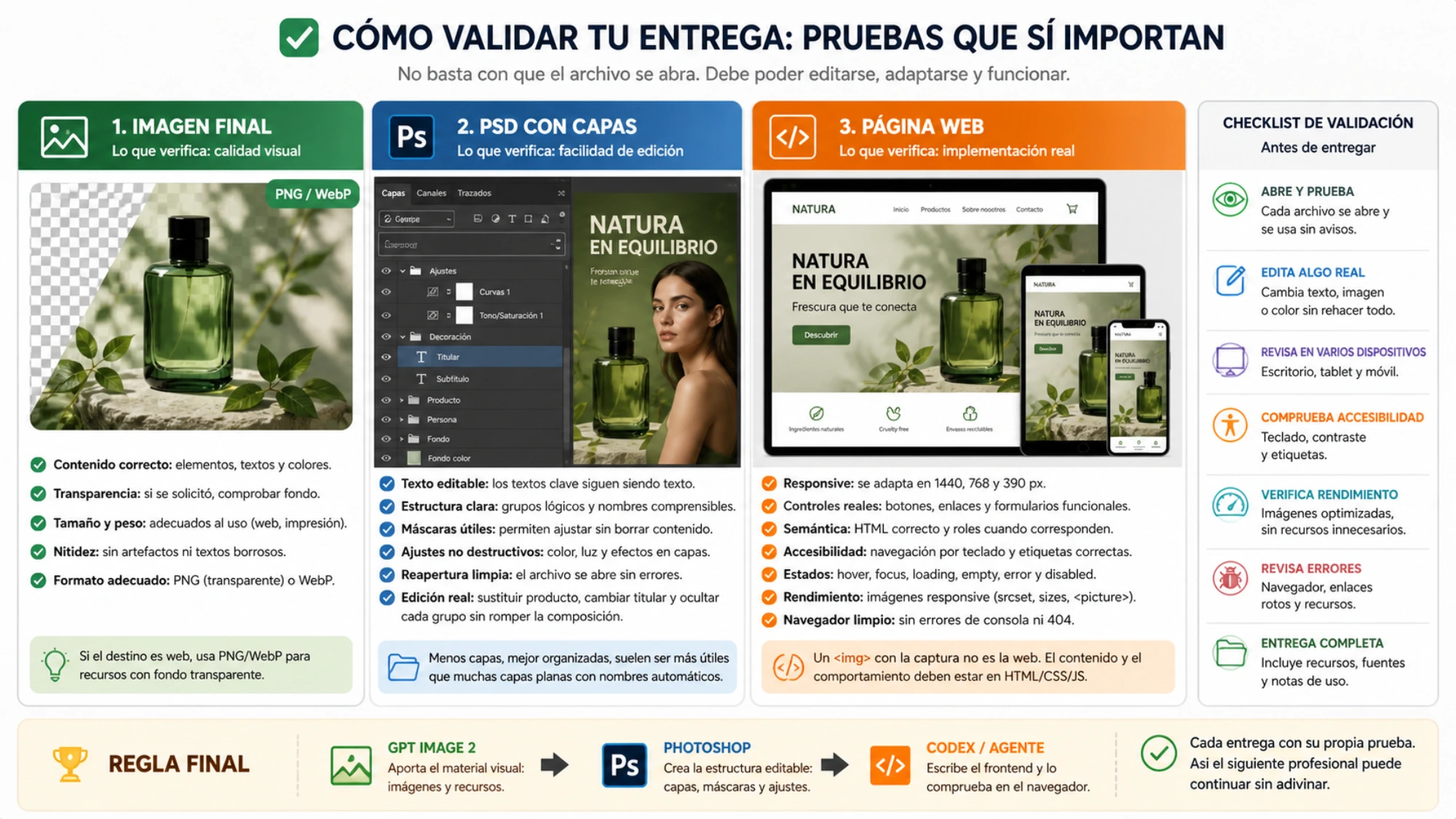 Guía visual para validar una imagen final, un PSD con capas y una página web mediante pruebas de calidad, edición real, responsive, accesibilidad, rendimiento y errores.