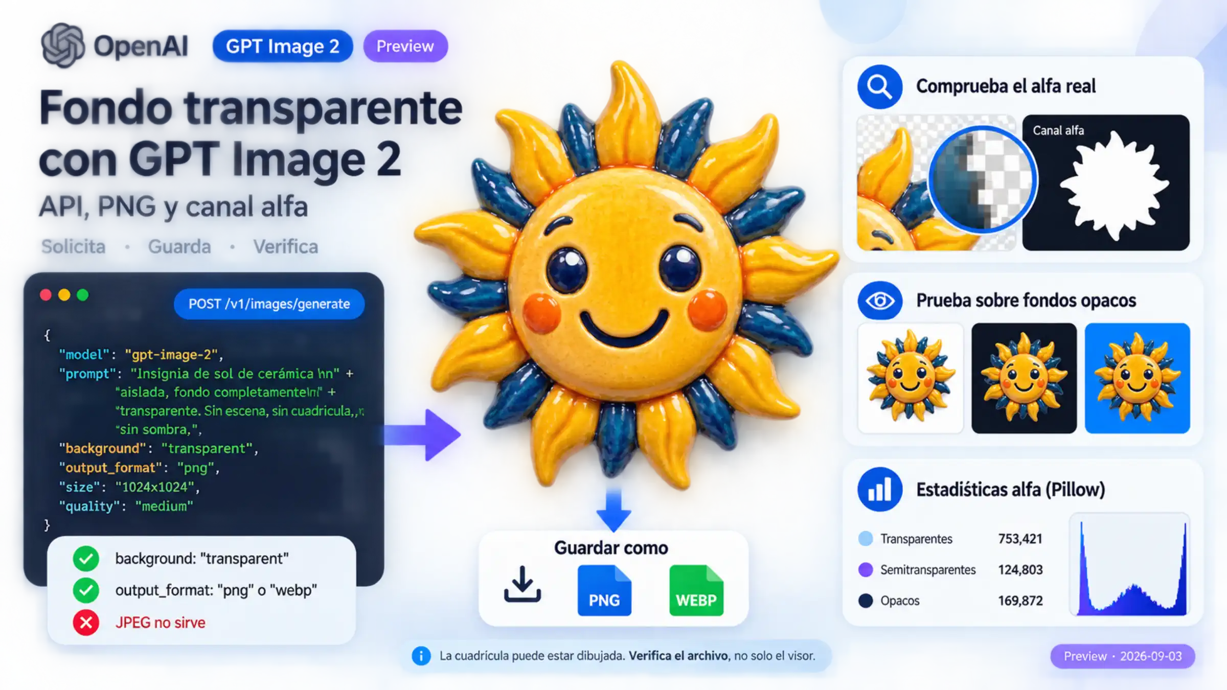 Fondo transparente con GPT Image 2: petición API, formatos PNG y WebP, insignia de sol y comprobación del canal alfa