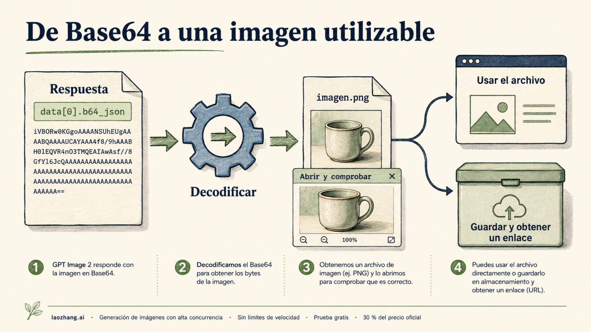 Recorrido desde una respuesta Base64 hasta un archivo de imagen, su apertura y su uso o almacenamiento para obtener un enlace.
