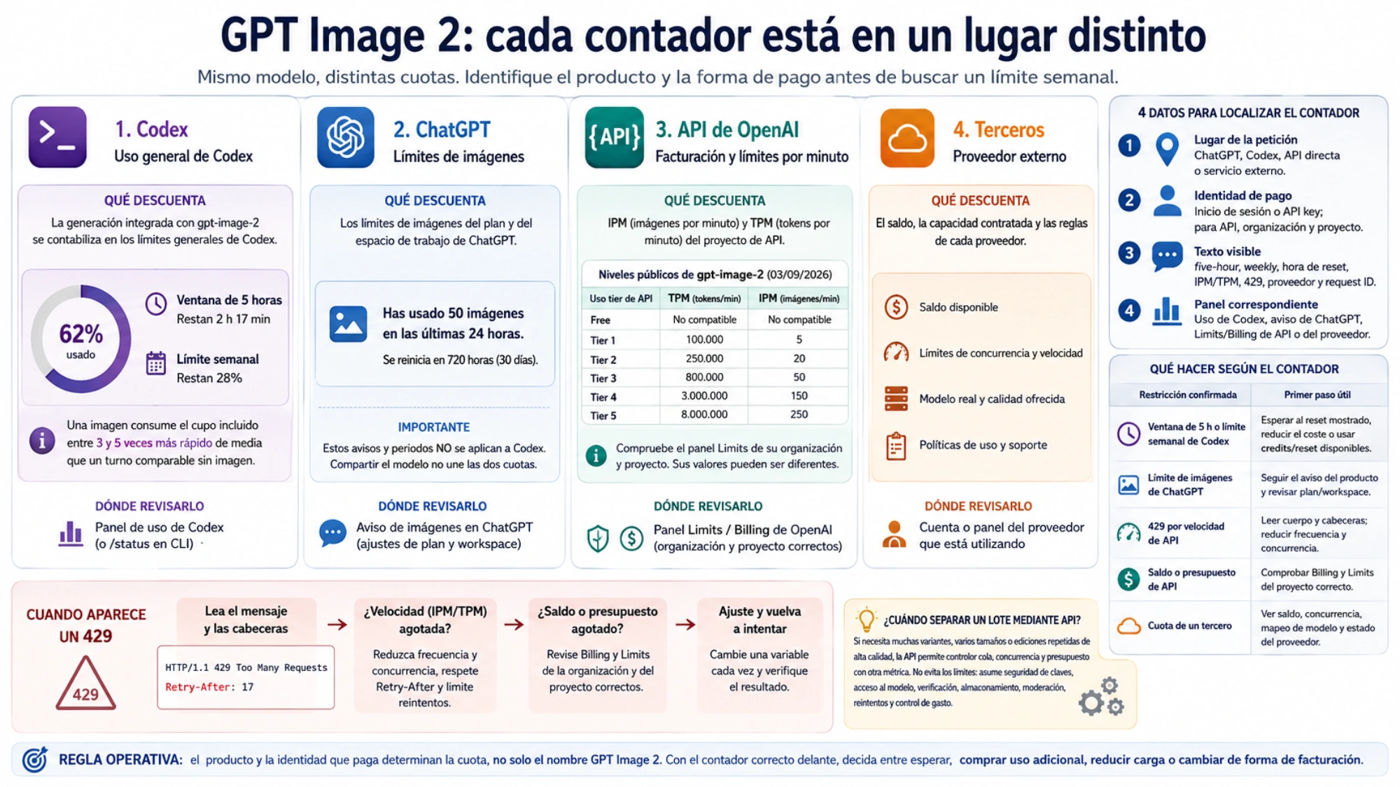 Guía de GPT Image 2 que muestra dónde se encuentra cada contador, los cuatro datos para localizarlo y la respuesta correcta ante límites de Codex, ChatGPT, API o terceros.