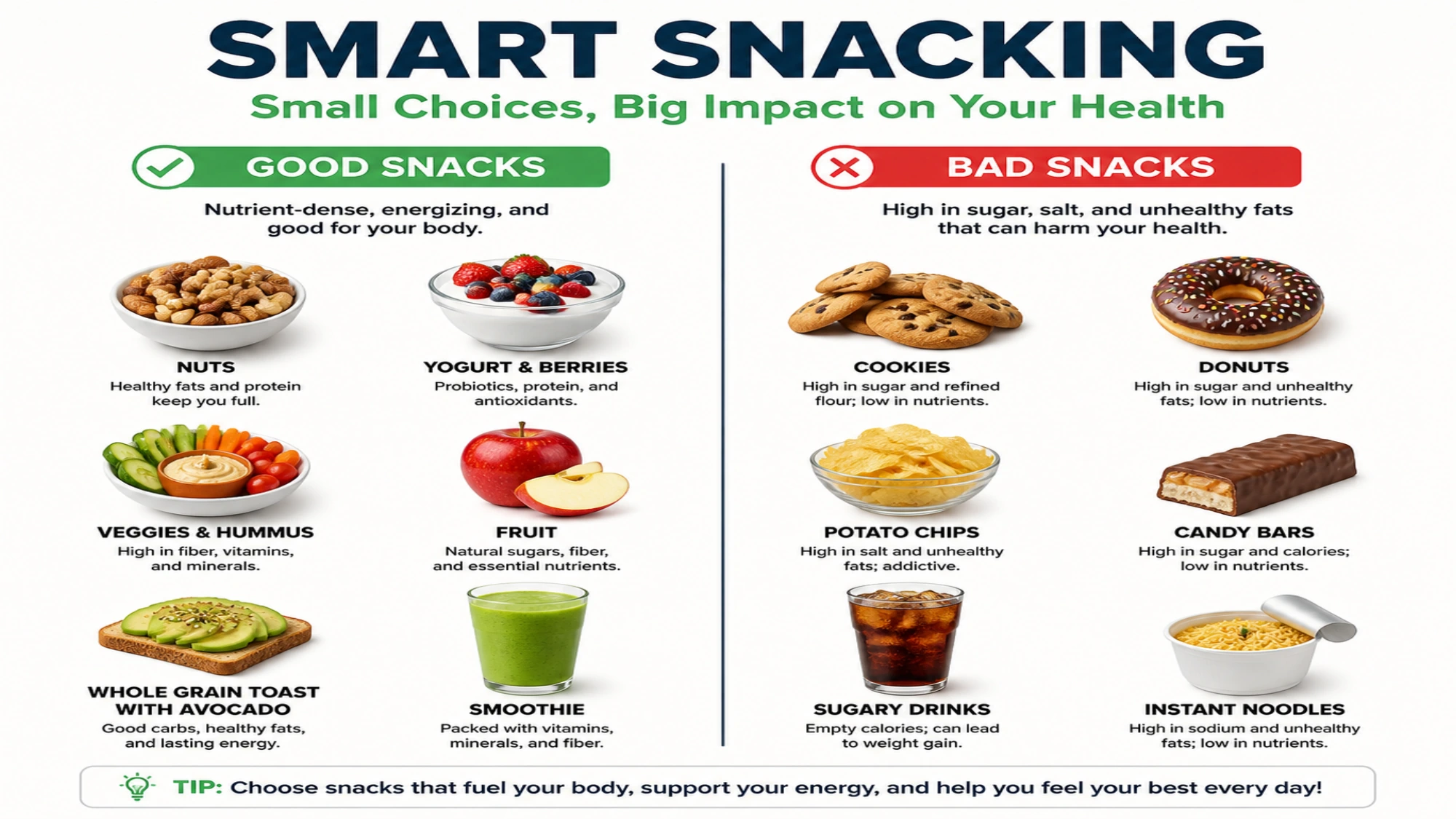 Infografía en inglés que compara distintos aperitivos, con fotografías de alimentos.