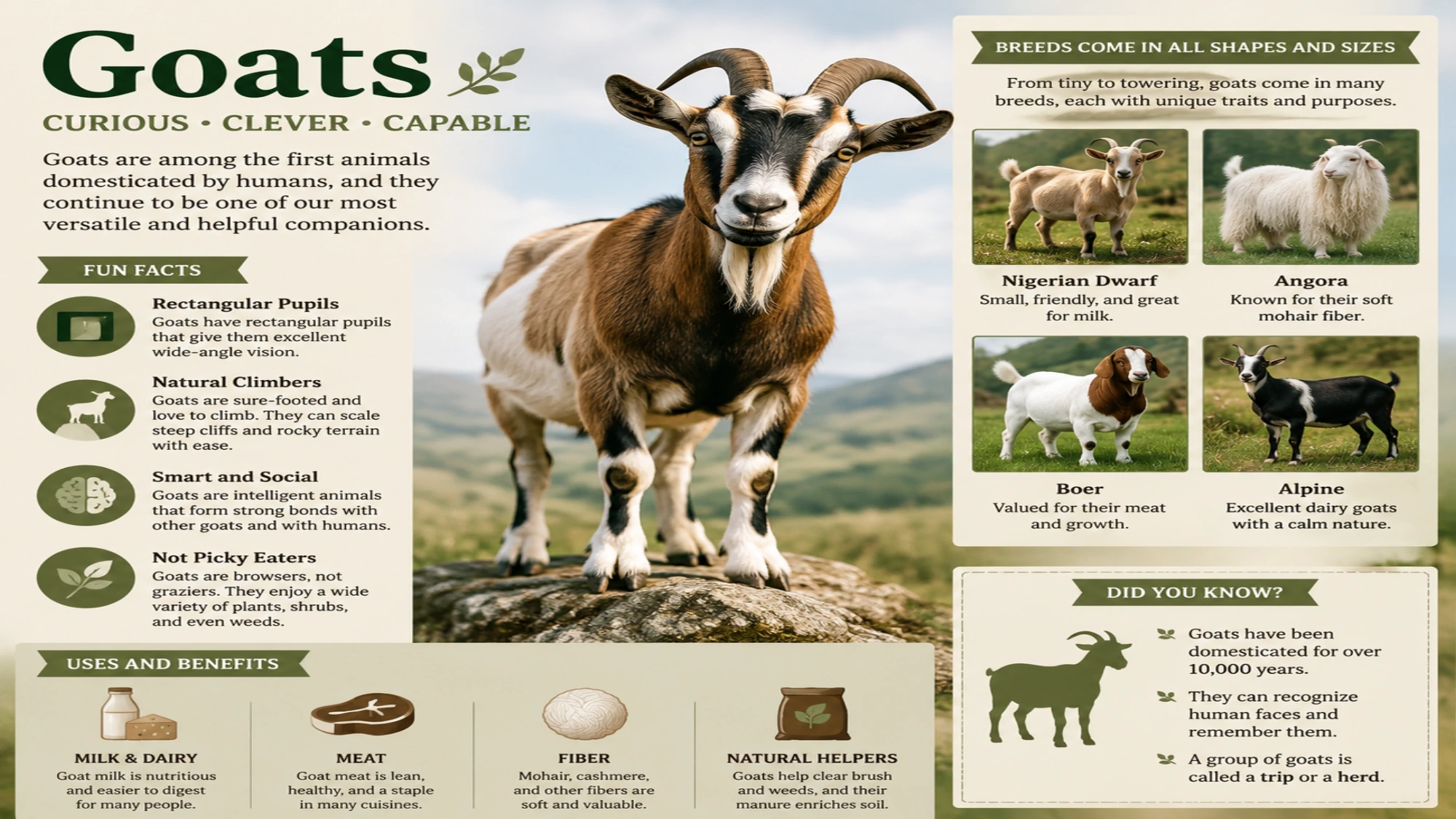 Infografía en inglés sobre cabras, con fotografías de varias razas y productos derivados.