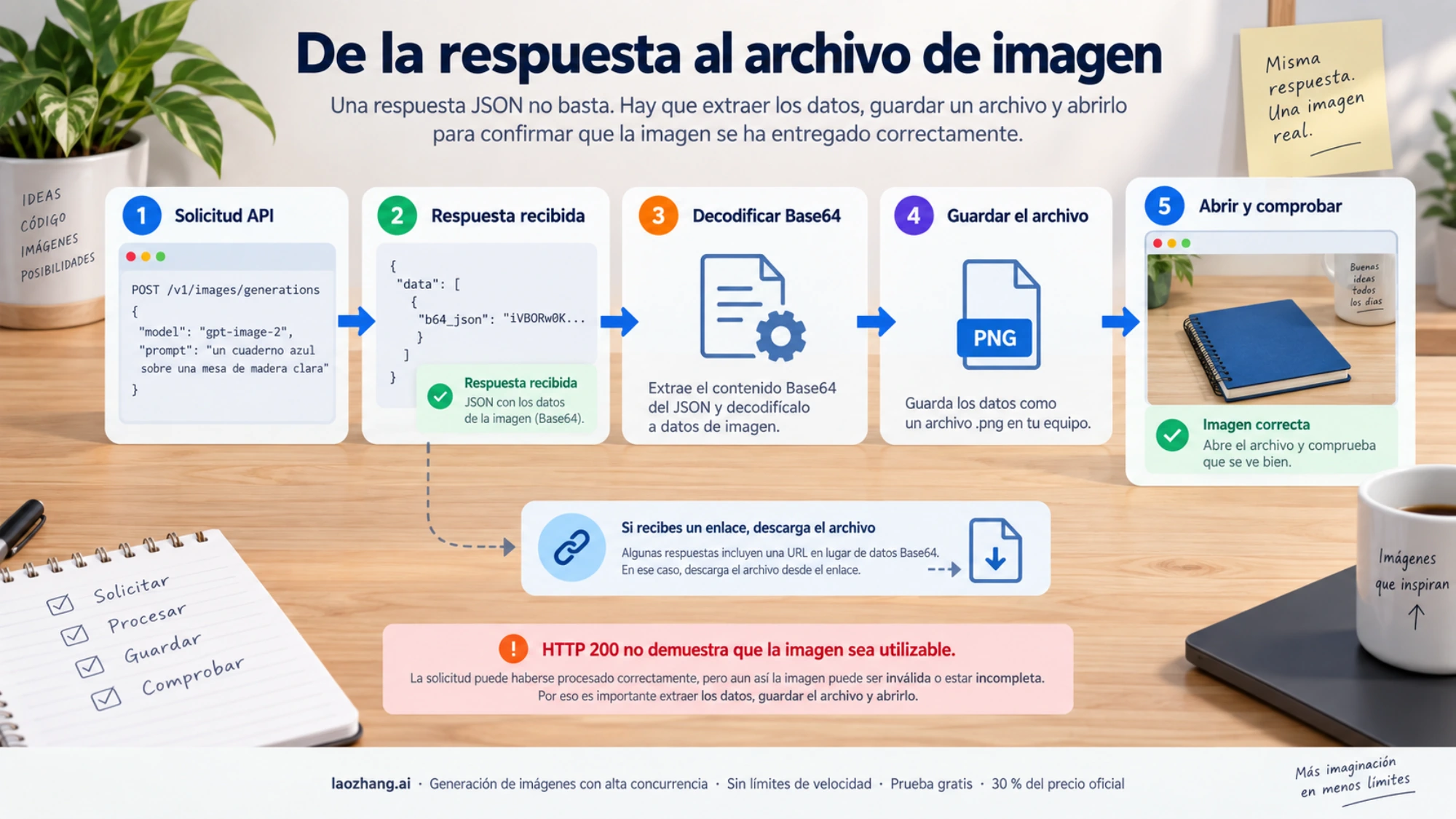 Recorrido desde una respuesta de la API hasta la decodificación, el guardado y la apertura de una imagen de un cuaderno azul.