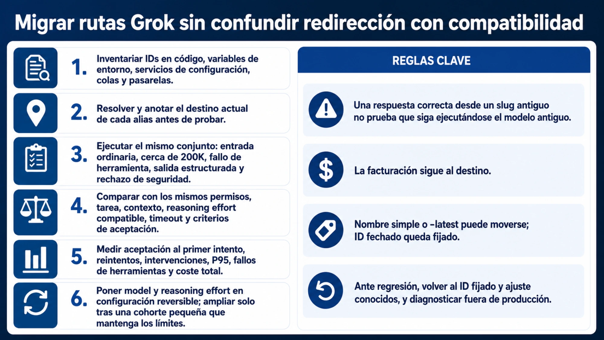 Seis pasos para migrar rutas Grok con inventario de alias, evaluación común, configuración reversible y rollback