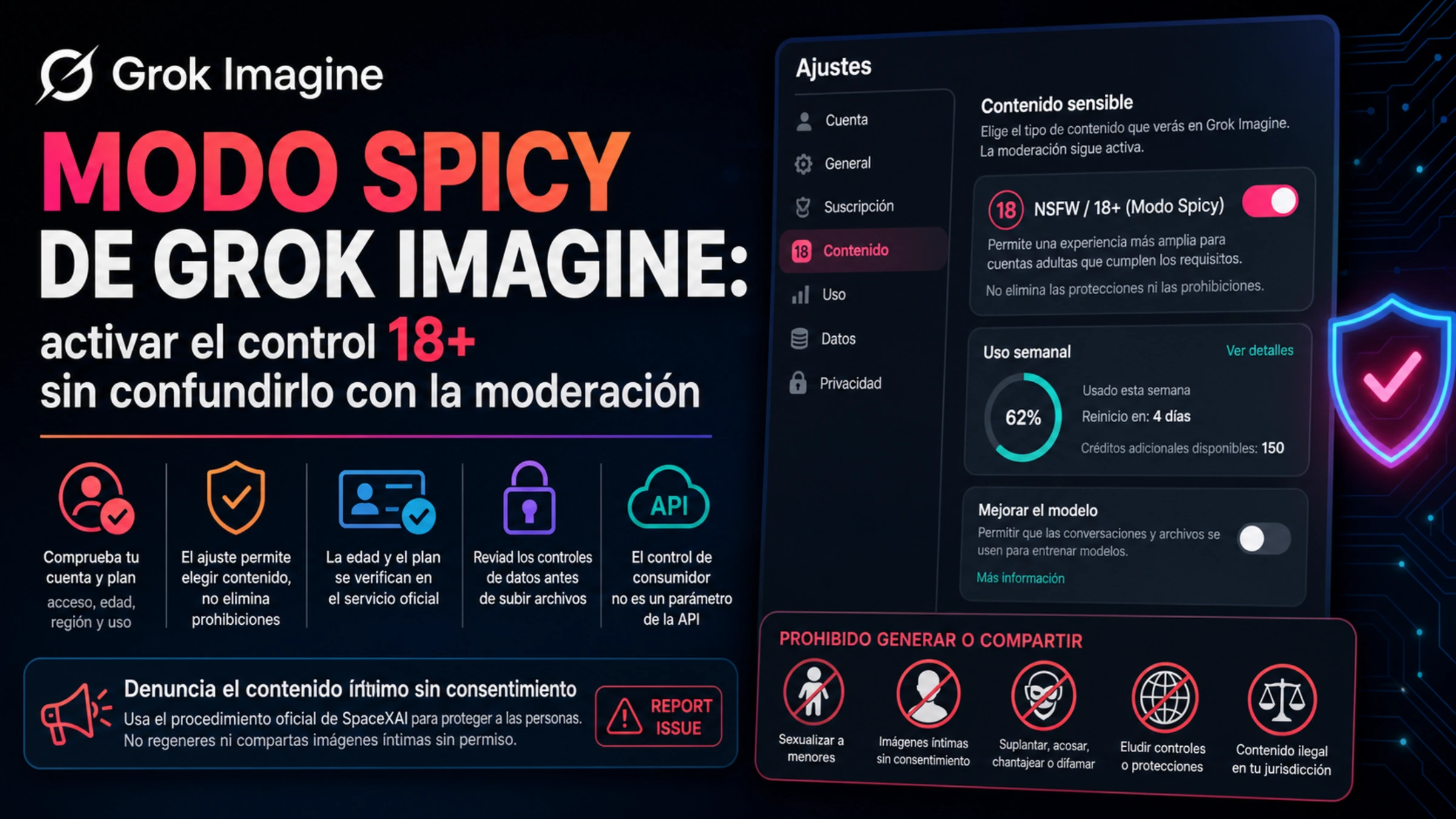 Guía española del modo Spicy de Grok Imagine con control 18+, moderación, cuenta, datos, API separada y denuncia