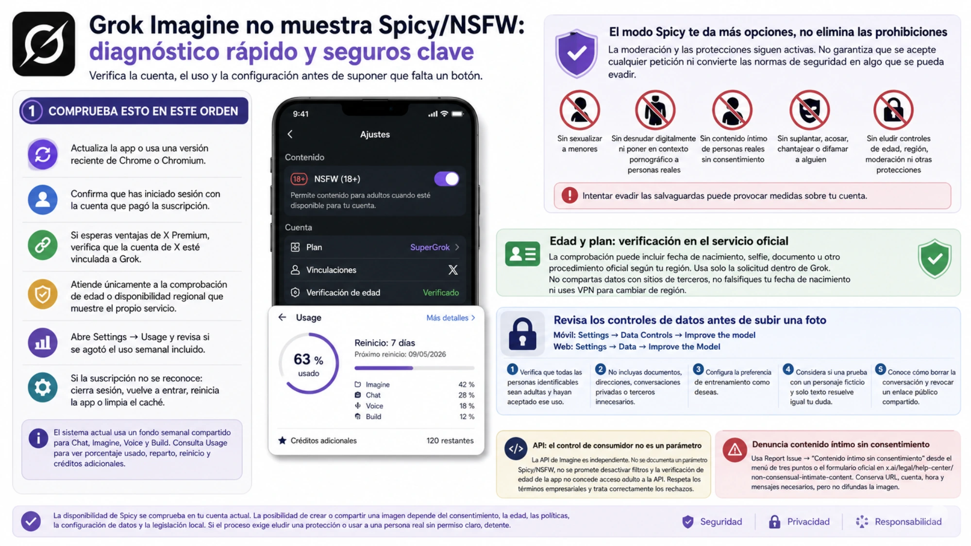 Diagnóstico español cuando Grok Imagine no muestra Spicy o NSFW, con cuenta, uso semanal, seguridad, edad, datos, API y denuncia