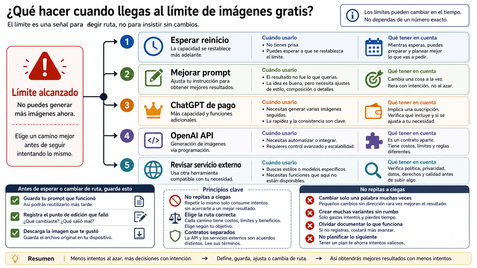 Flujo para esperar, mejorar el prompt, pasar a ChatGPT de pago, usar API o revisar un servicio externo tras el límite de imágenes.