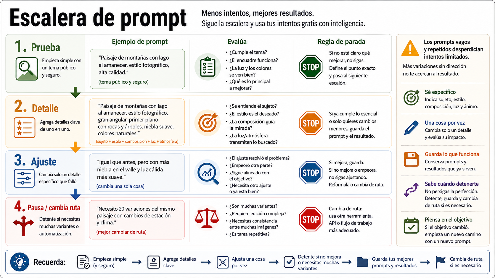 Escalera de prompts para no desperdiciar intentos gratis de generación de imágenes en ChatGPT.