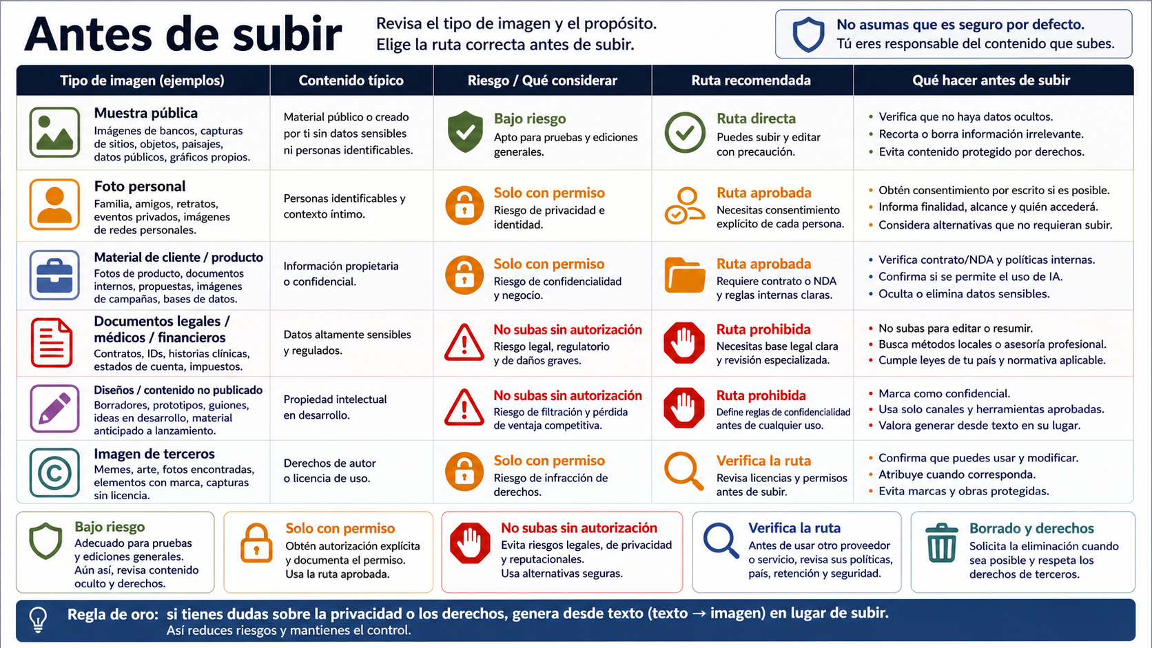 Panel de seguridad antes de subir fotos personales, material de clientes o archivos sensibles a ChatGPT.