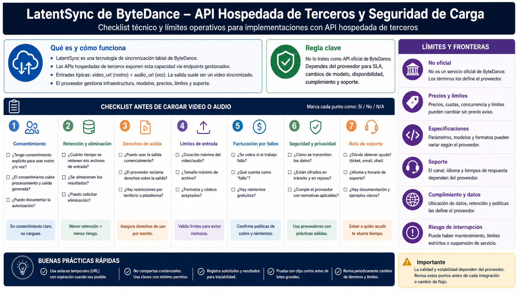 Lista de seguridad para subir video y audio de LatentSync a una API alojada