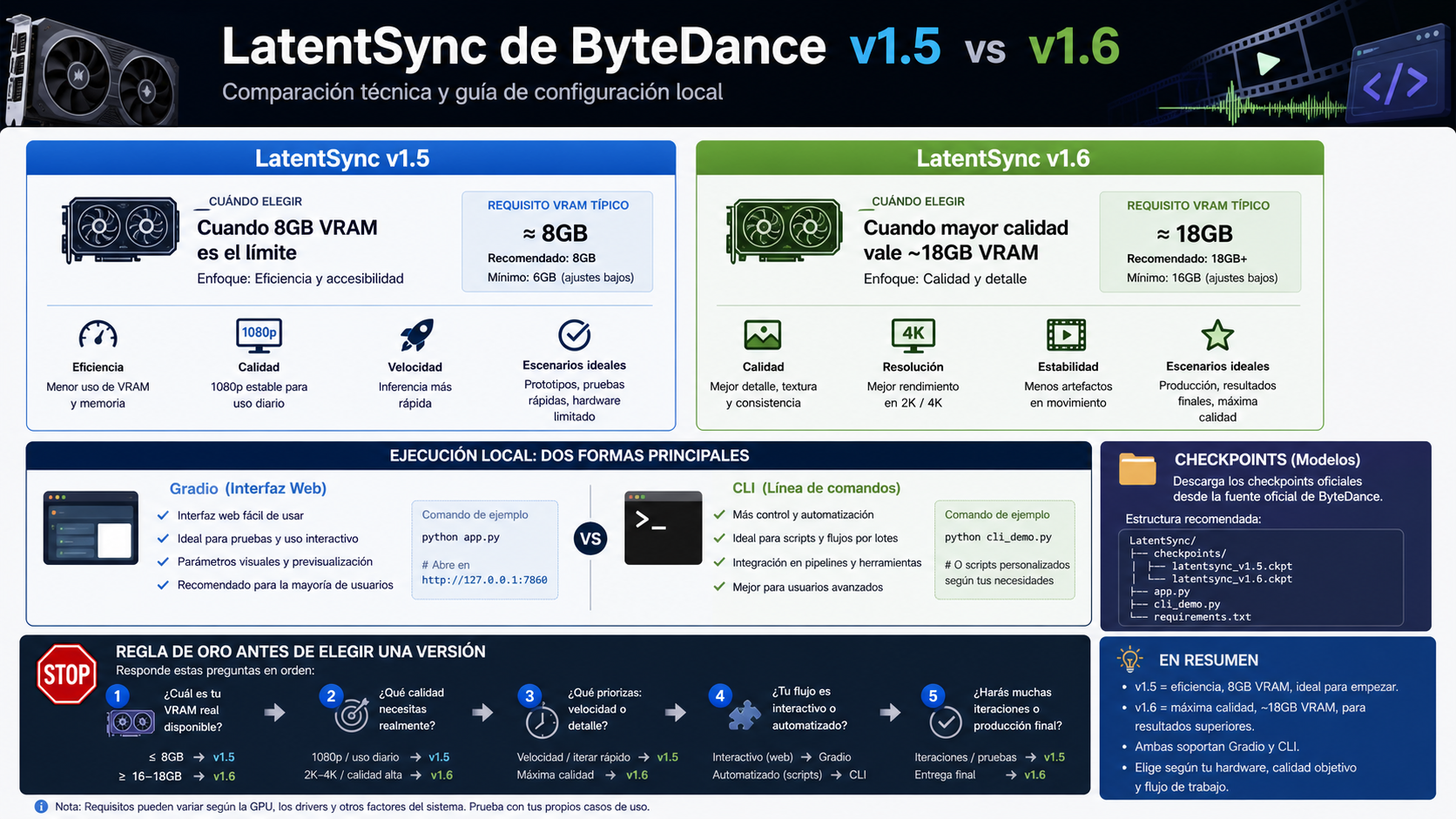 Panel de decisión de LatentSync v1.5 y v1.6 por VRAM y ruta local