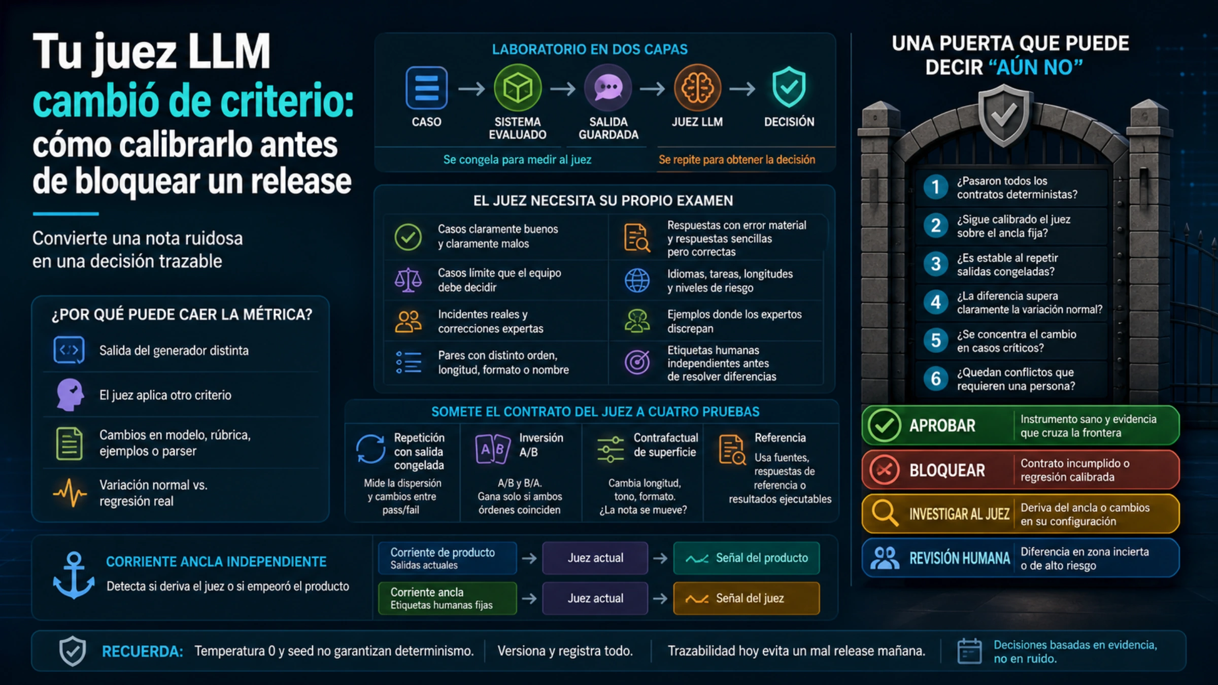 Mapa español de calibración de un juez LLM con laboratorio en dos capas, examen del evaluador, corriente ancla y puerta de release