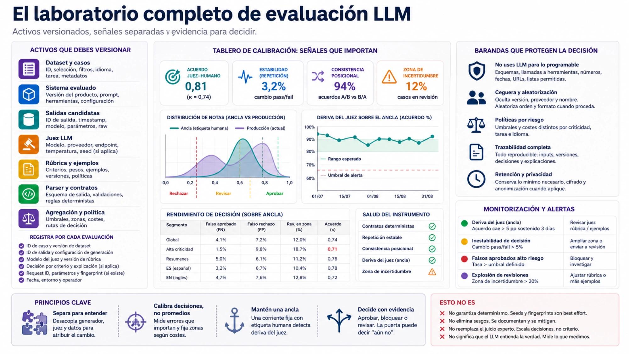 Laboratorio de evaluación LLM con activos versionados, señales de calibración, distribución ancla frente a producción, guardas, monitorización y alertas