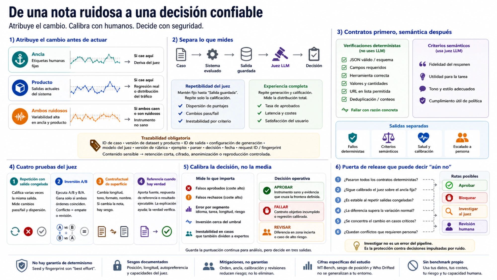 Flujo de seis pasos desde atribuir una nota ruidosa y separar las dos capas hasta pruebas del juez, calibración de decisiones y rutas de release