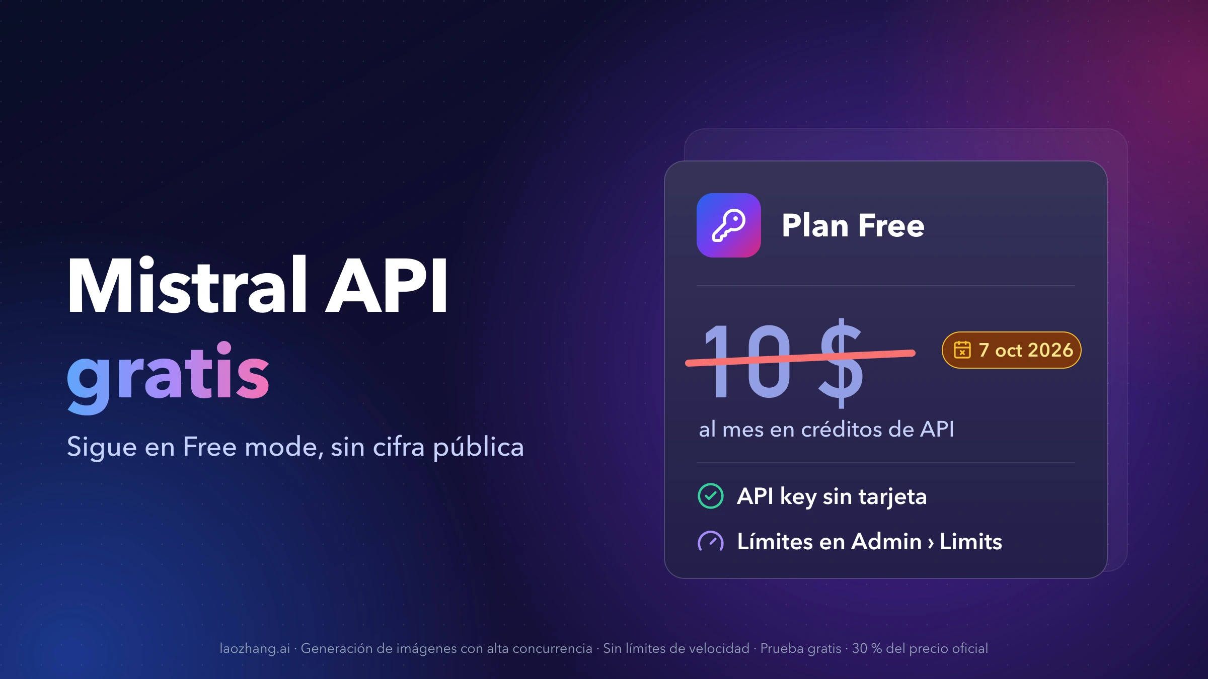 Tarjeta del plan Free de Mistral con los 10 $ al mes en créditos de API tachados el 7 de octubre de 2026, junto a una API key sin tarjeta y los límites en Admin › Limits