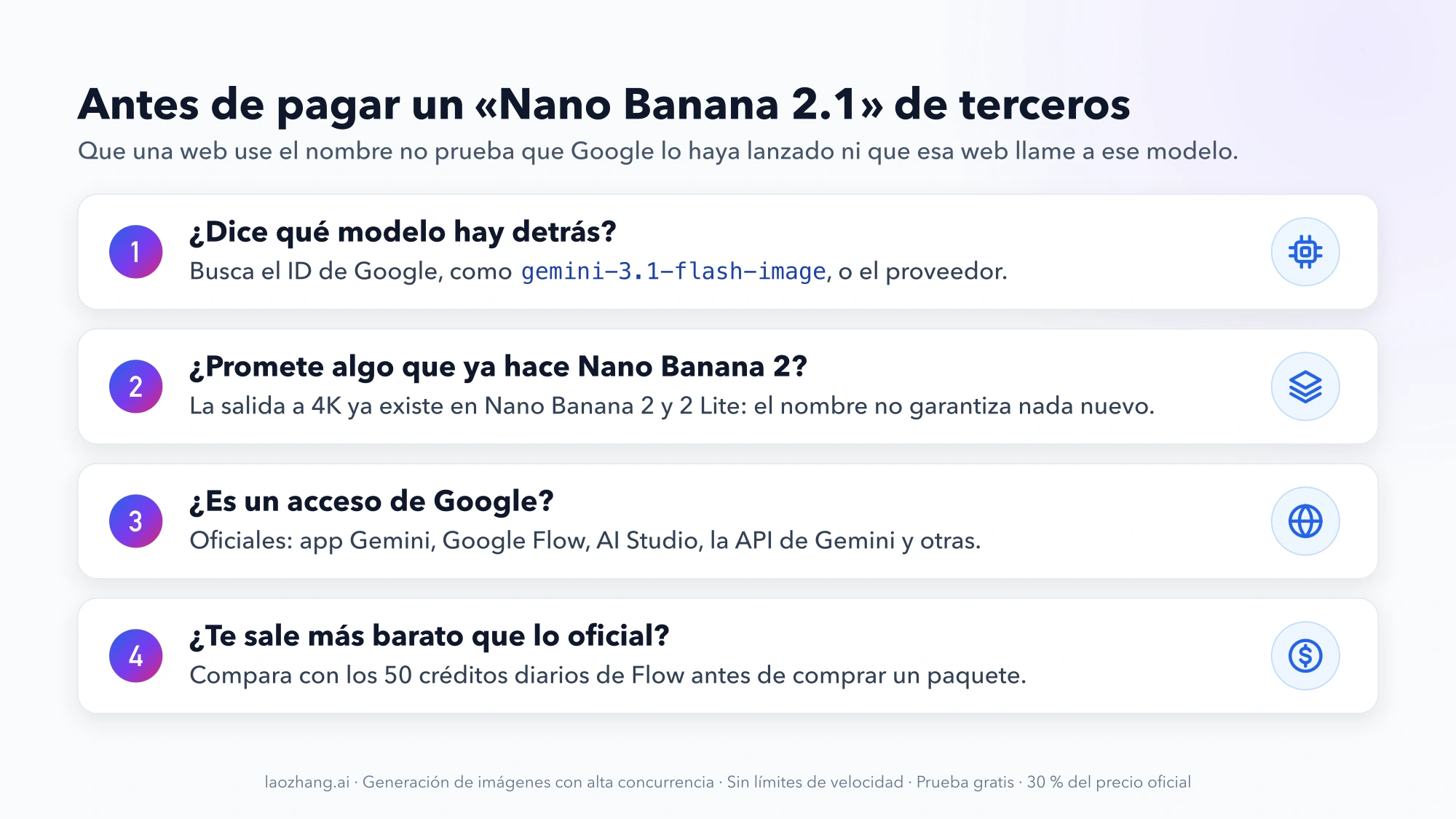 Cuatro comprobaciones antes de pagar un «Nano Banana 2.1» de terceros: qué modelo declara, si promete lo que ya hace Nano Banana 2, si es un acceso de Google y si sale más barato que los 50 créditos diarios de Flow