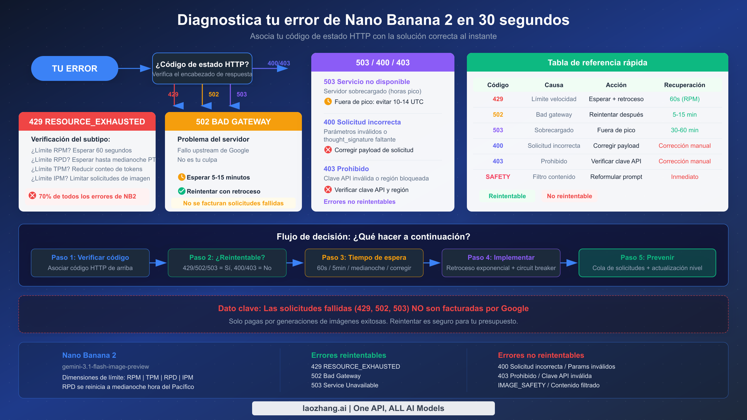 Diagrama de flujo de diagnóstico de errores de Nano Banana 2 que muestra cómo identificar y solucionar errores 429, 502, 503, 400 y 403