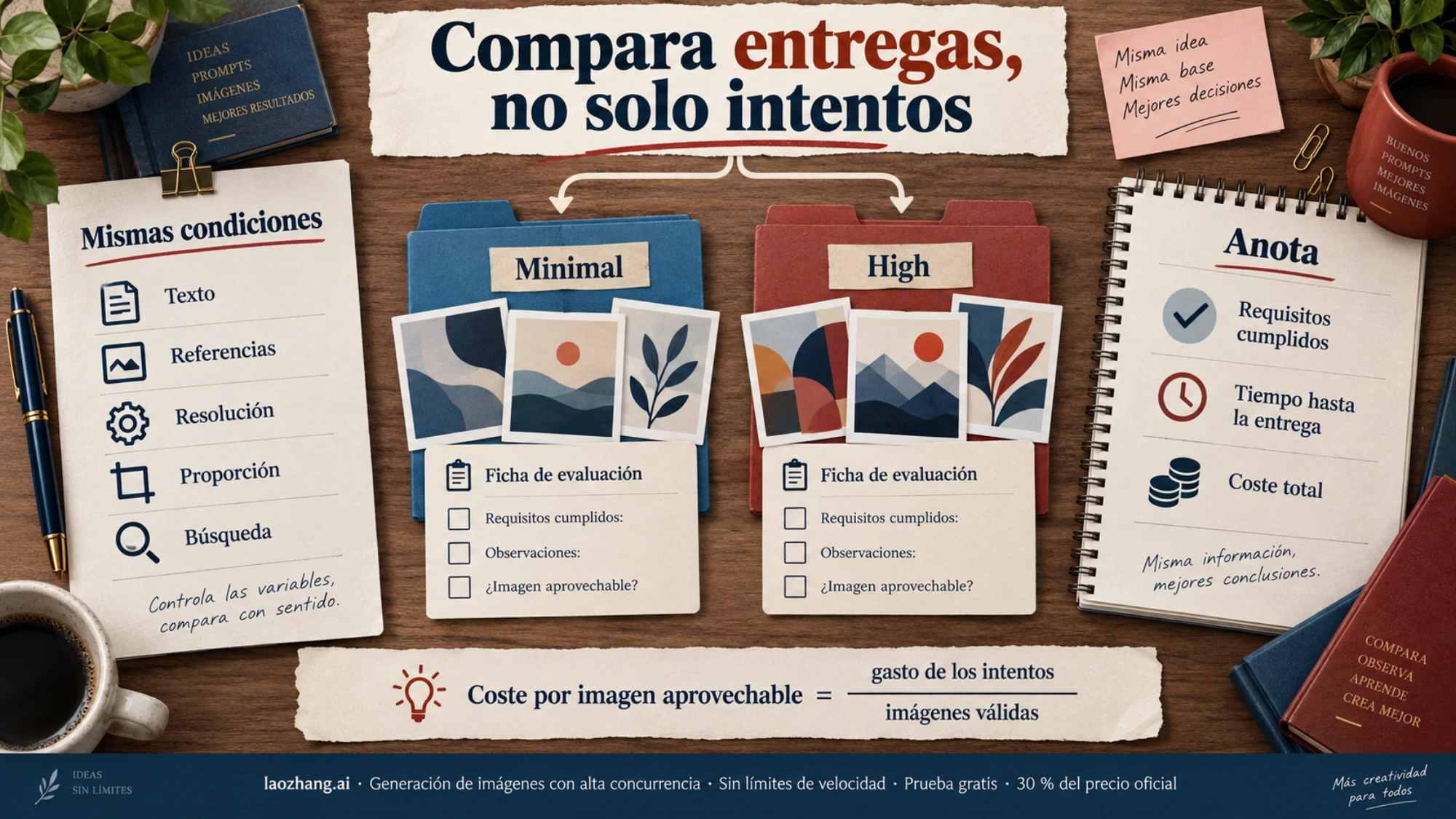 Ilustración de una comparación entre Minimal y High con condiciones compartidas, fichas de evaluación y registro de tiempo y coste.