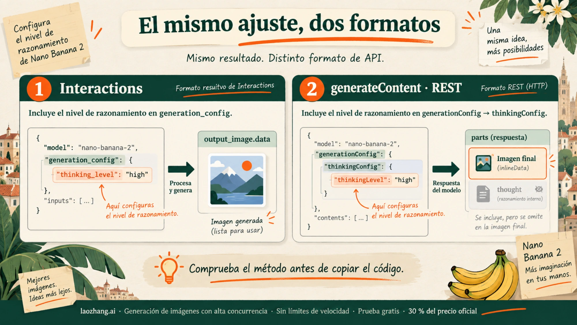 Esquema ilustrado de los campos de configuración y la salida de imagen en Interactions y generateContent.