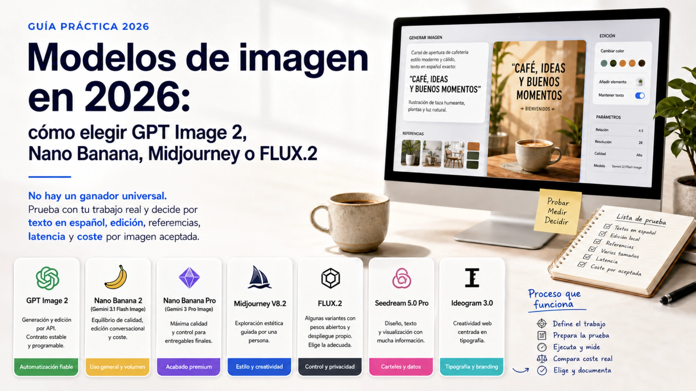 Guía práctica 2026 para elegir un modelo de imagen con texto en español, edición, referencias, latencia y coste