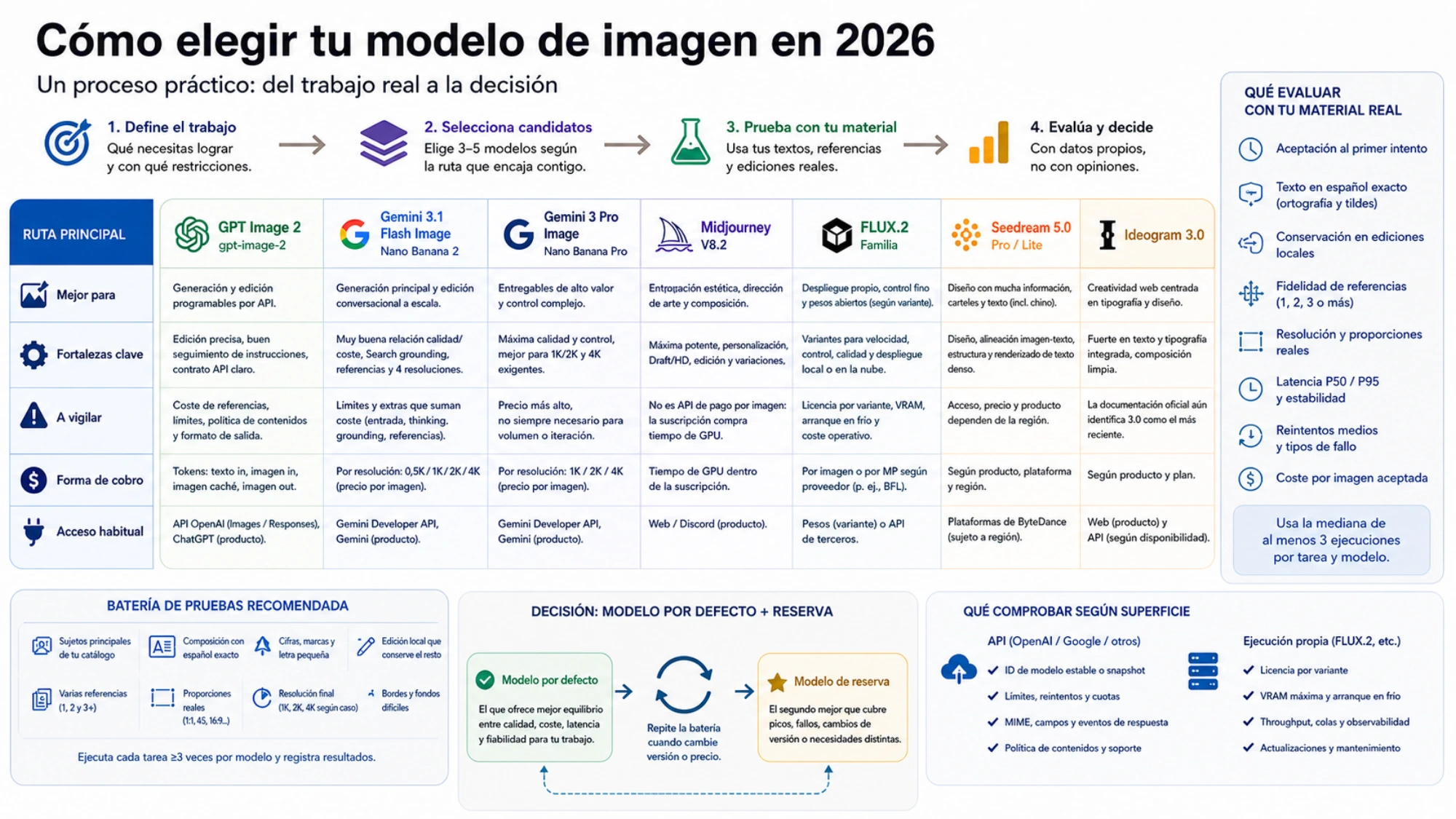 Proceso para definir el trabajo, seleccionar candidatos, probar con material real y elegir un modelo por defecto y otro de reserva