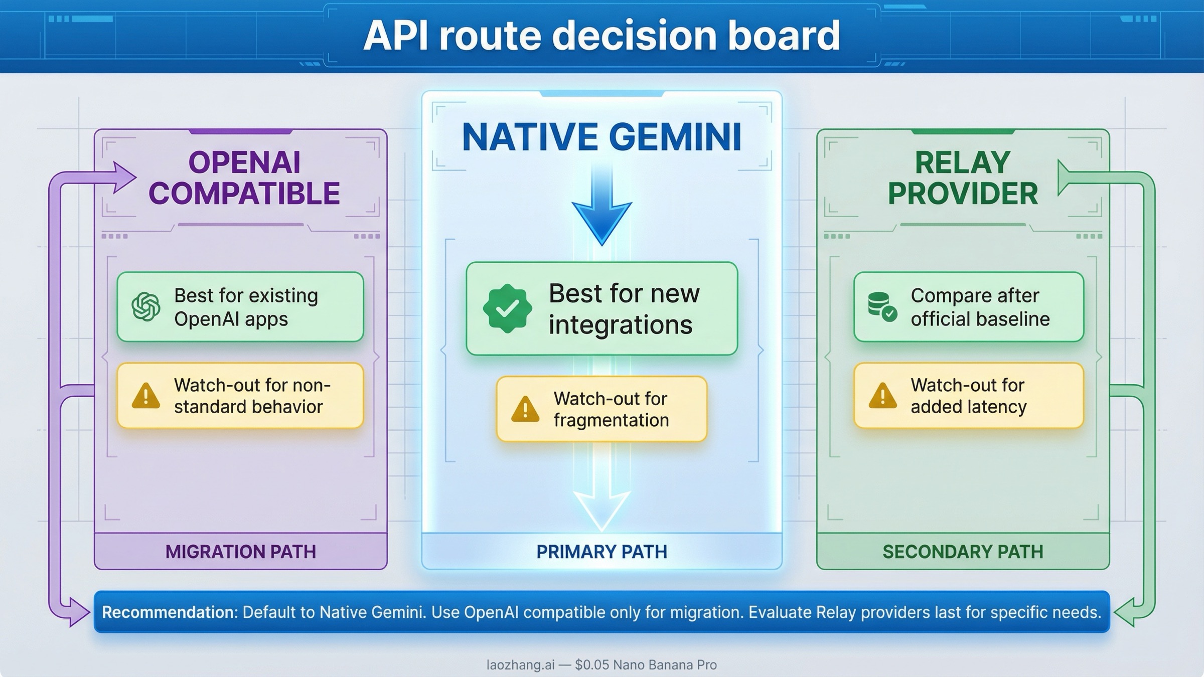 Tablero de decision que compara la ruta nativa de Gemini, la ruta compatible con OpenAI y el acceso mediante proveedores relay para Nano Banana Pro API