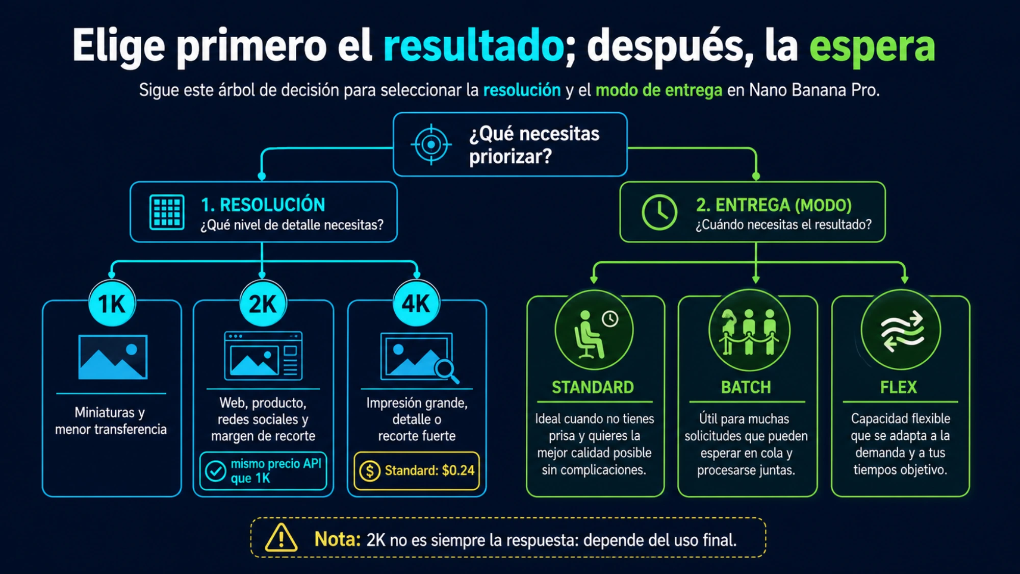 Árbol para elegir resolución y modo de Nano Banana Pro según el soporte final y la espera aceptable