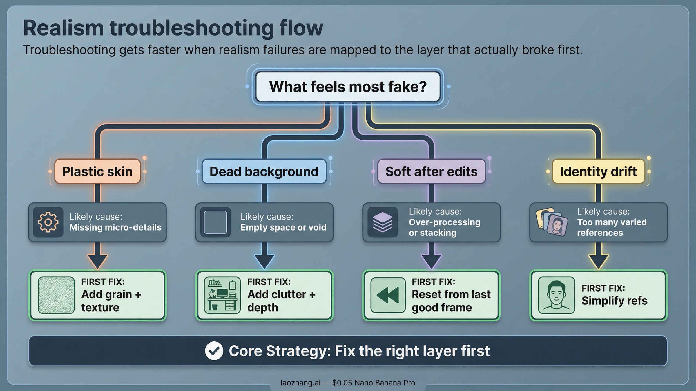 Flujo de troubleshooting para Nano Banana Pro cuando el realismo cae tras ediciones o cambios de ángulo