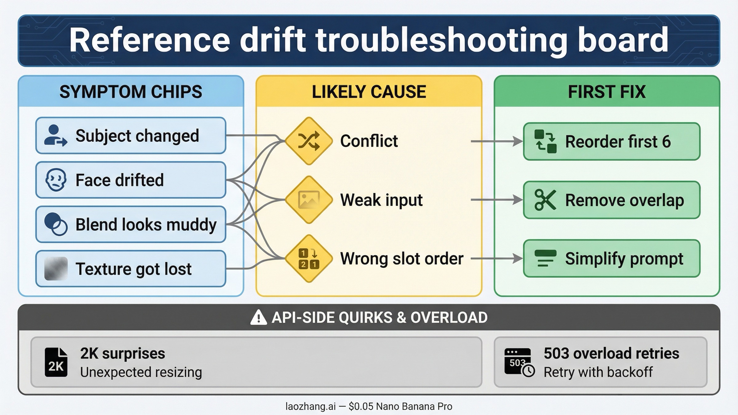 Tablero de troubleshooting para drift de Nano Banana Pro que relaciona conflicto, inputs débiles y fixes de orden de slots