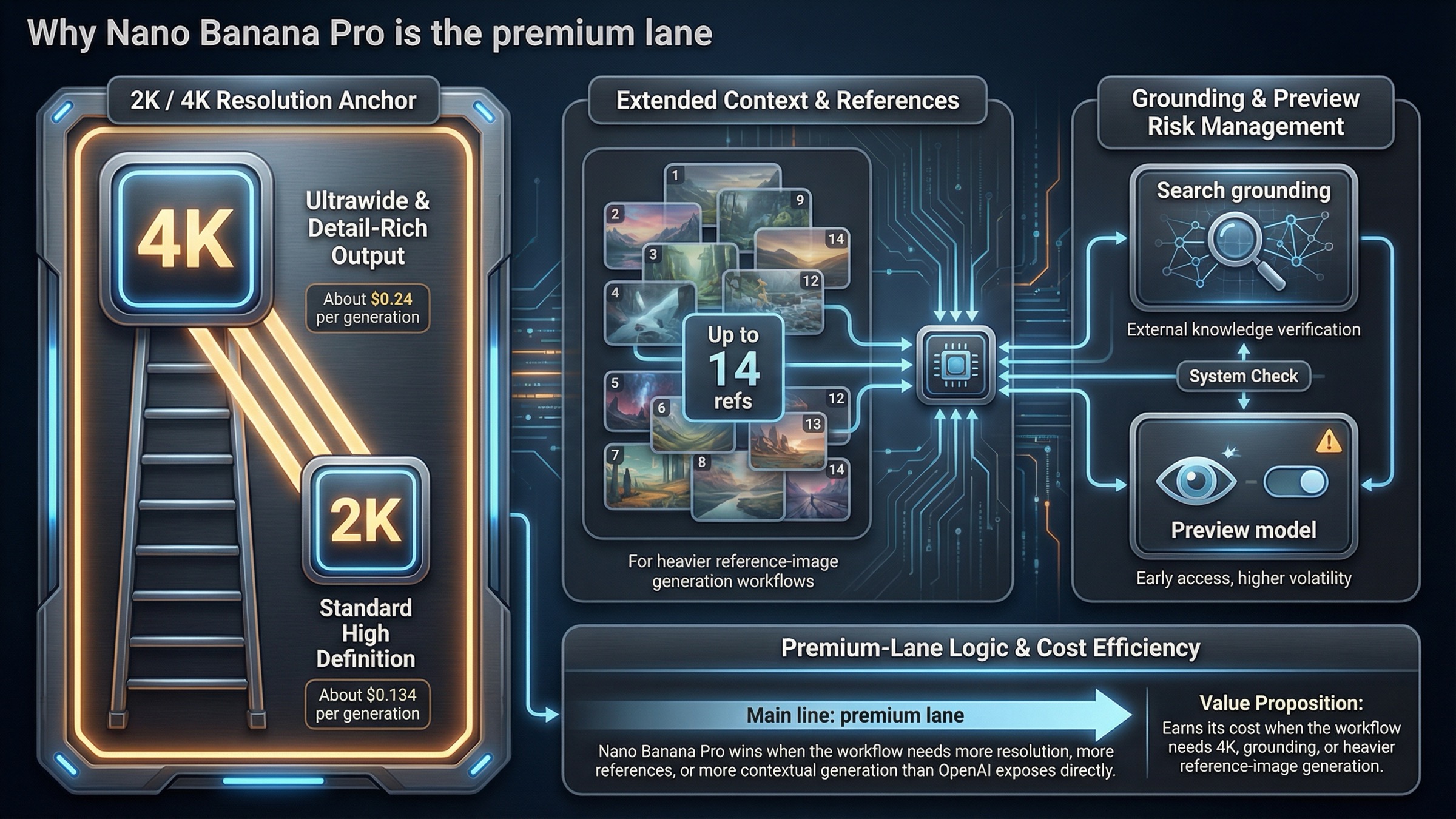 Board premium de Nano Banana Pro con output 2K y 4K, hasta 14 reference images, Google Search grounding, estado de preview model y señales de precio premium.