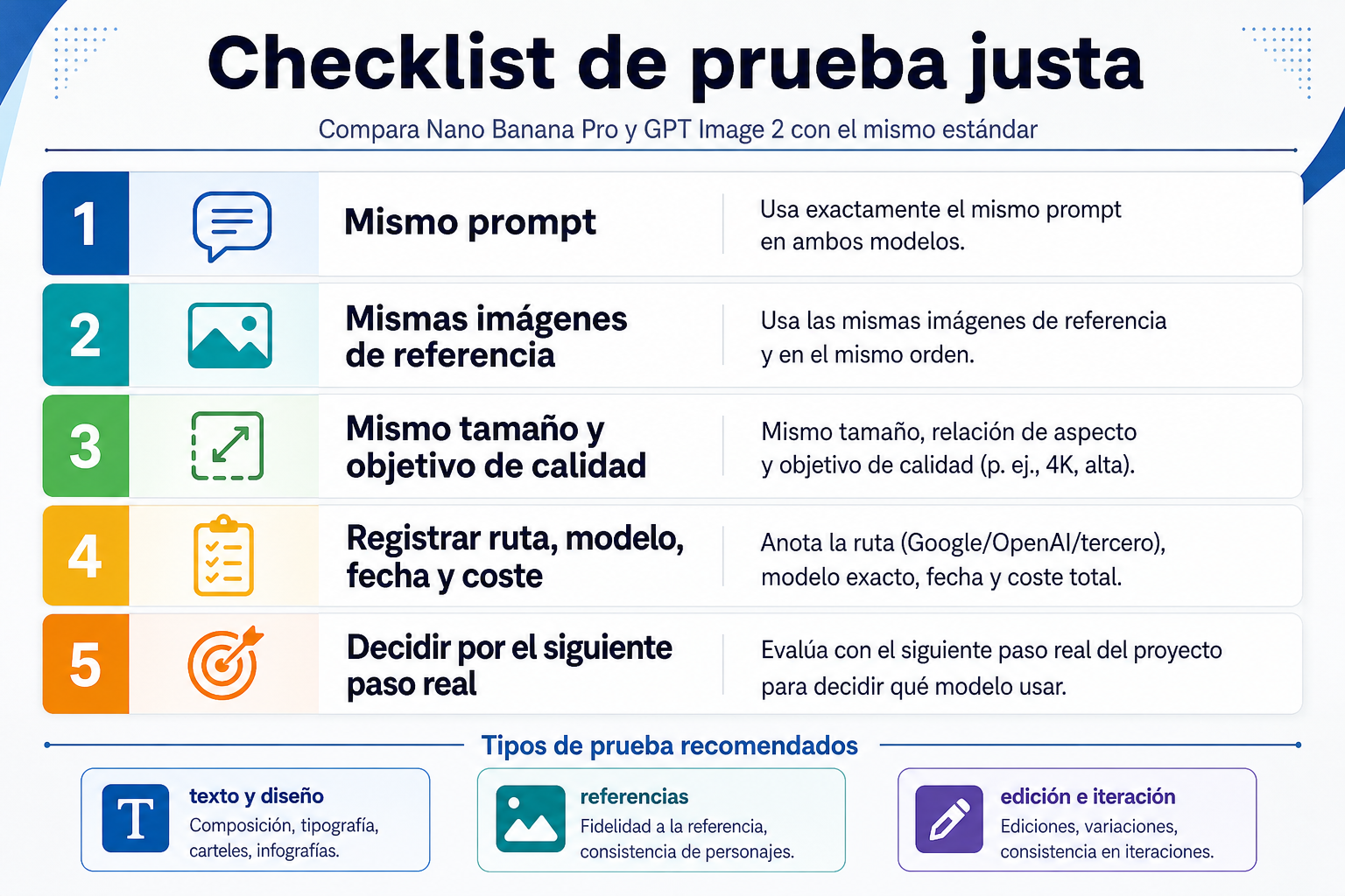 Checklist de prueba con el mismo prompt para comparar Nano Banana Pro y GPT Image 2
