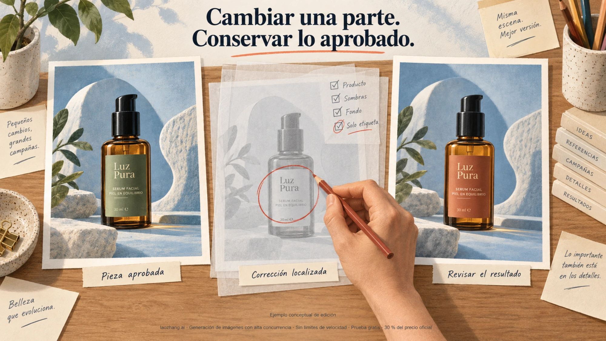 Ejemplo conceptual de una corrección de etiqueta sobre una imagen de producto